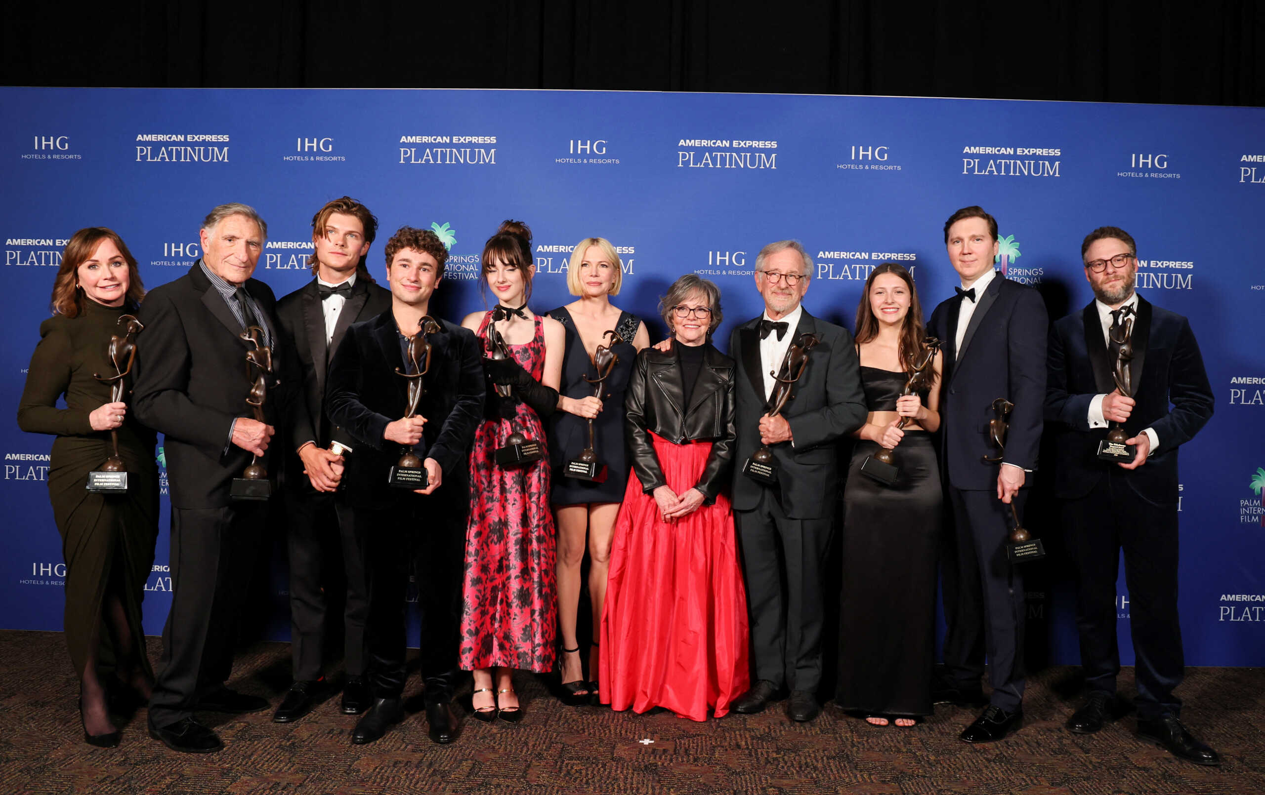 The cast members and crew of the film "The Fabelmans"  pose backstage after receiving the Vanguard Award, at the 34th Annual Palm Springs International Film Festival Awards gala in Palm Springs, California, U.S., January 5, 2023. REUTERS