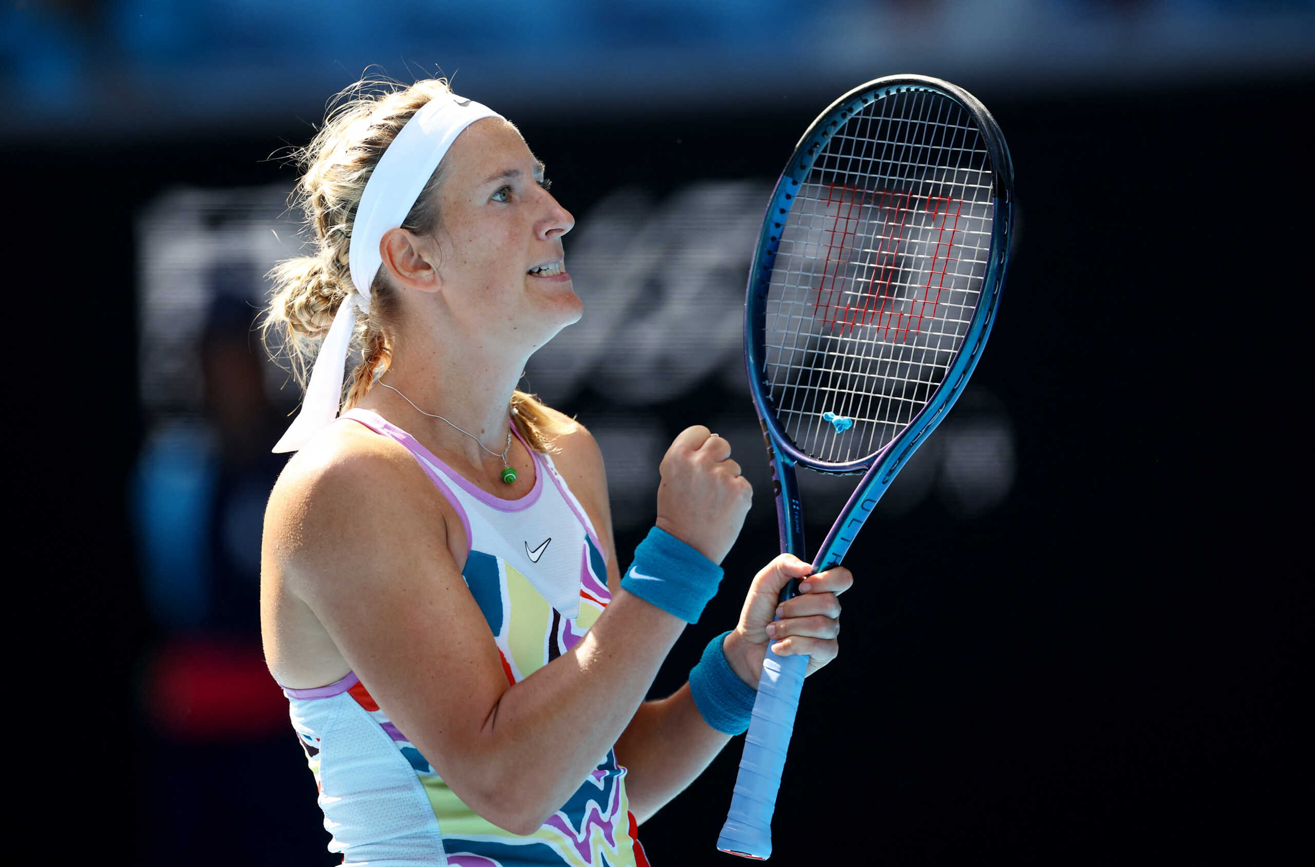 Tennis - Australian Open - Melbourne Park, Melbourne, Australia - January 16, 2023 Belarus' Victoria Azarenka celebrates winning her first round match against Sofia Kenin of the U.S. REUTERS