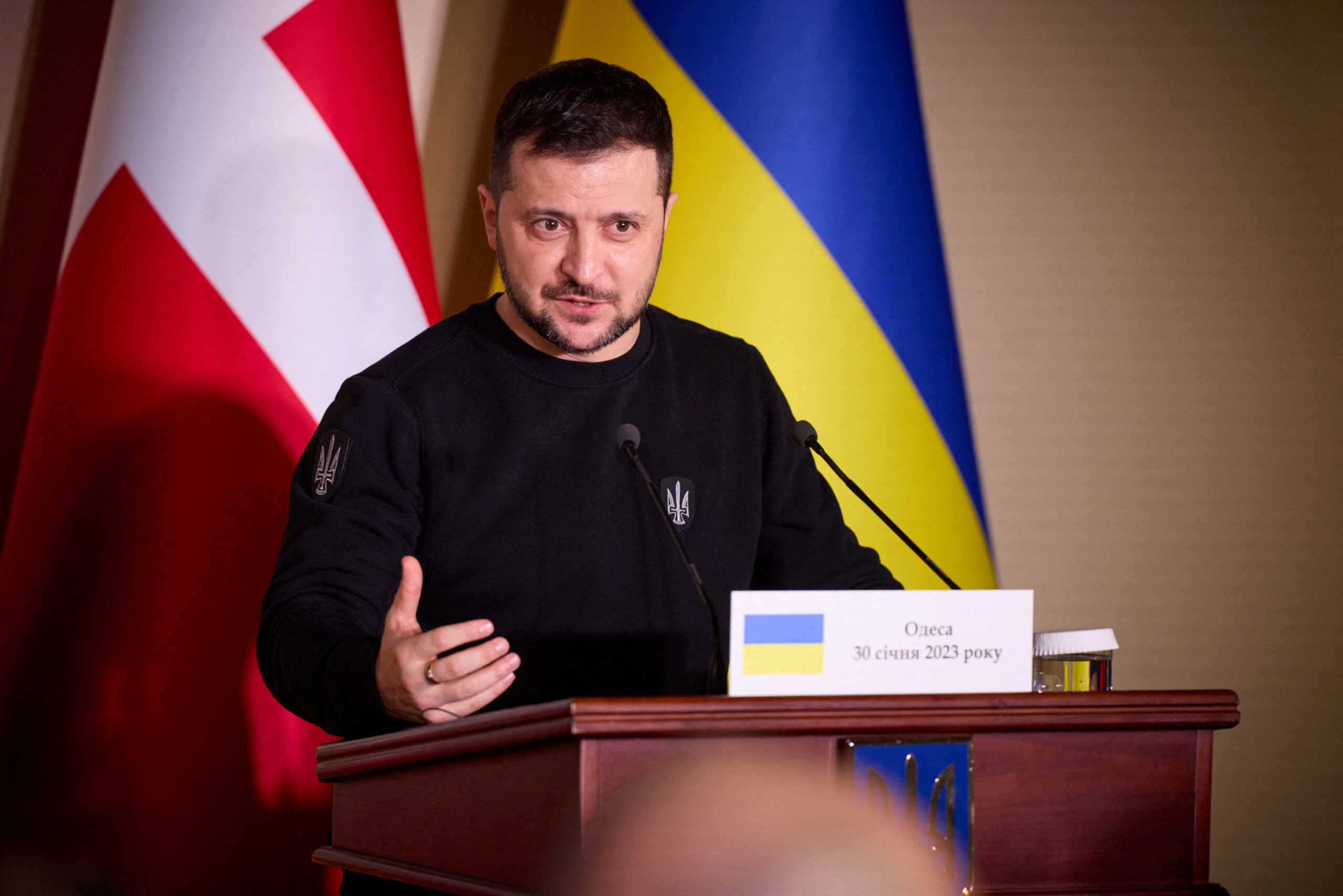 Ukraine's President Volodymyr Zelenskiy attends a joint news briefing with Denmark's Prime Minister Mette Frederiksen, amid Russia's attack on Ukraine, in Odesa, Ukraine January 30, 2023. Ukrainian Presidential Press Service