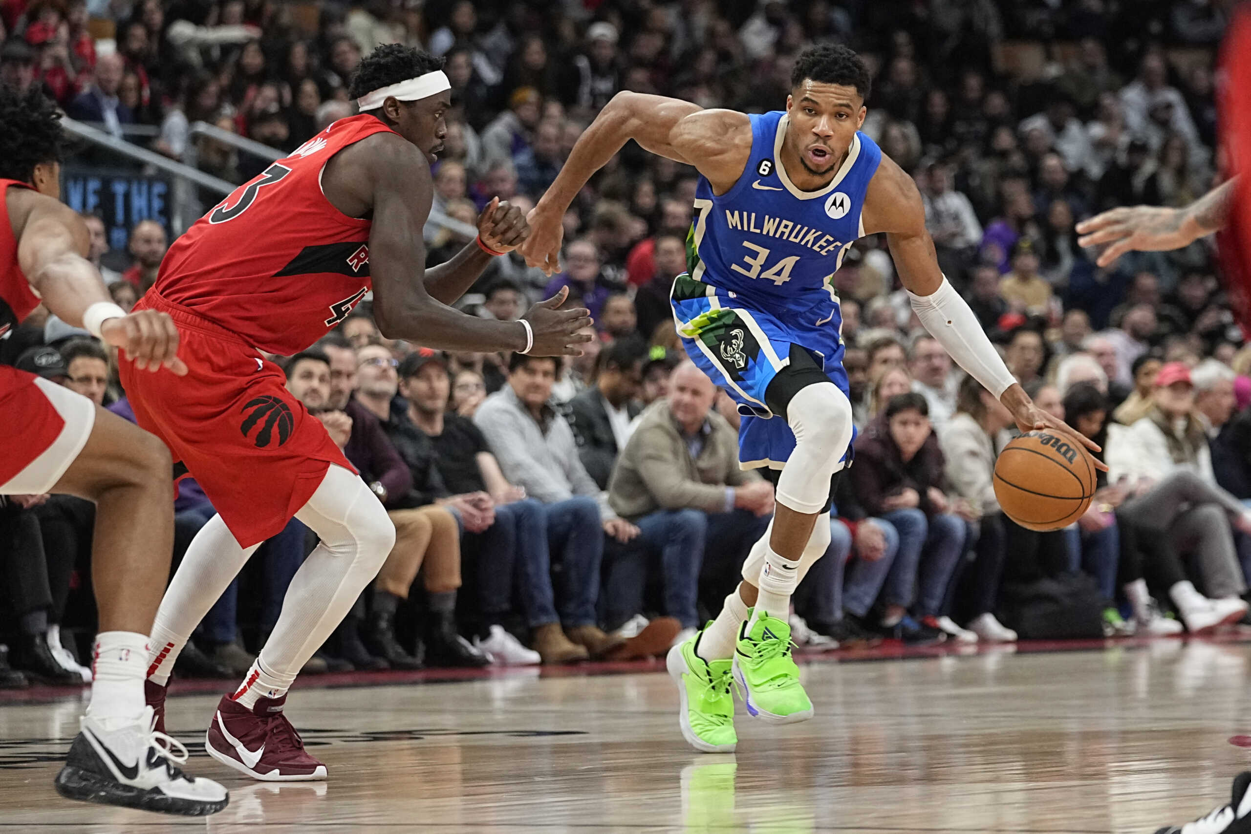 Jan 4, 2023; Toronto, Ontario, CAN; Milwaukee Bucks forward Giannis Antetokounmpo (34) drives to the net against Toronto Raptors forward Pascal Siakam (43) during the second half at Scotiabank Arena. Mandatory Credit: John E. Sokolowski-USA TODAY Sports