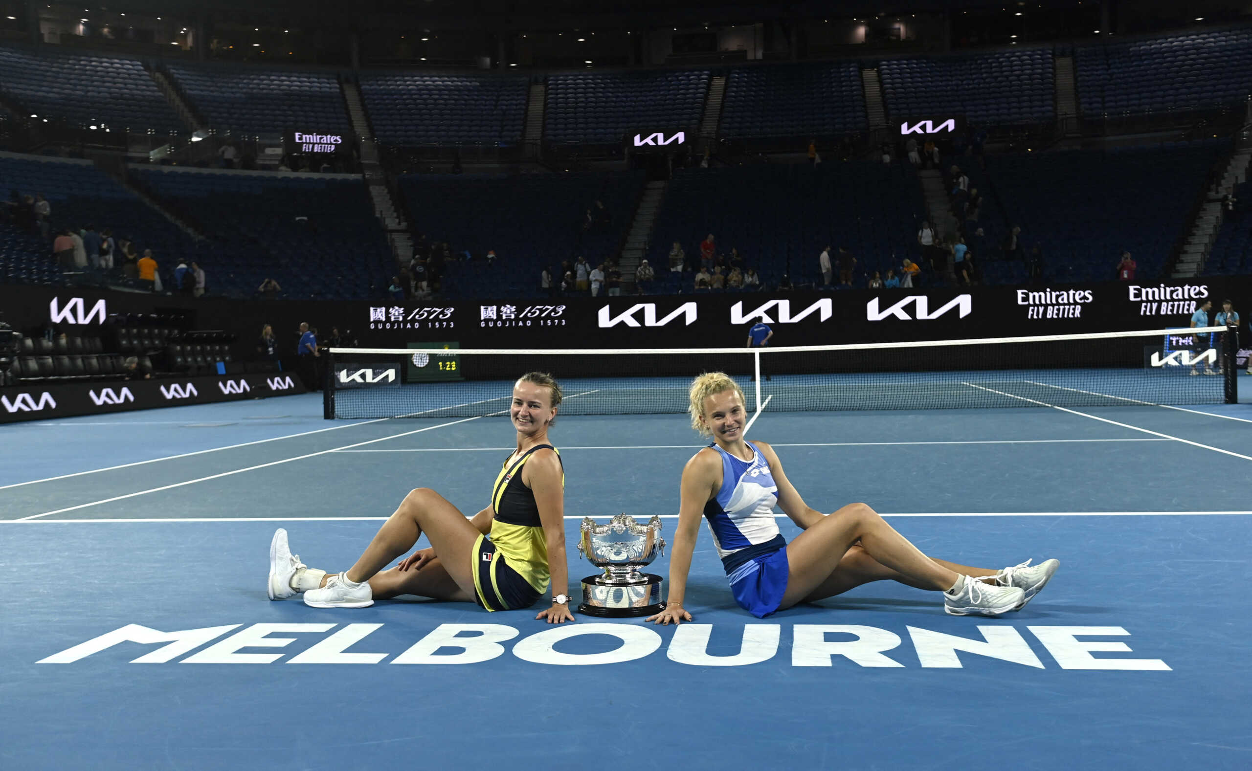 Tennis - Australian Open - Women's Doubles Final - Melbourne Park, Melbourne, Australia - January 29, 2023 Czech Republic's Barbora Krejcikova and Katerina Siniakova celebrate with the trophy after winning their final match against Japan's Shuko Aoyama and Ena Shibahara REUTERS