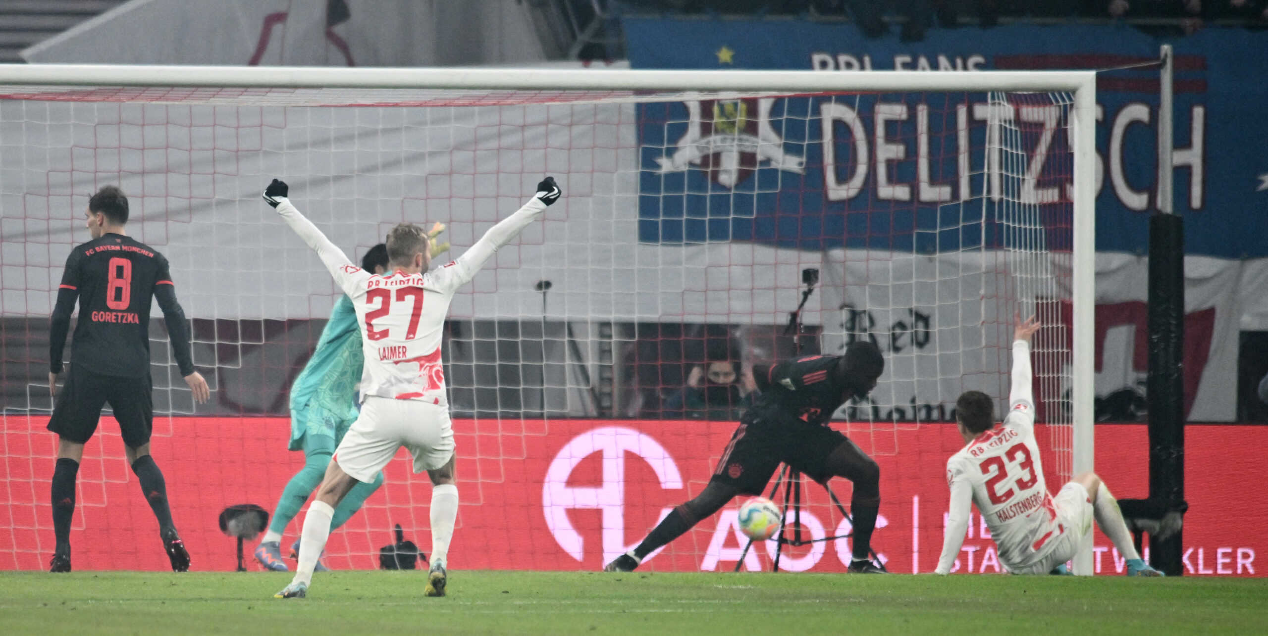 Soccer Football - Bundesliga - RB Leipzig v Bayern Munich - Red Bull Arena, Leipzig, Germany - January 20, 2023 RB Leipzig's Marcel Halstenberg scores their first goal REUTERS