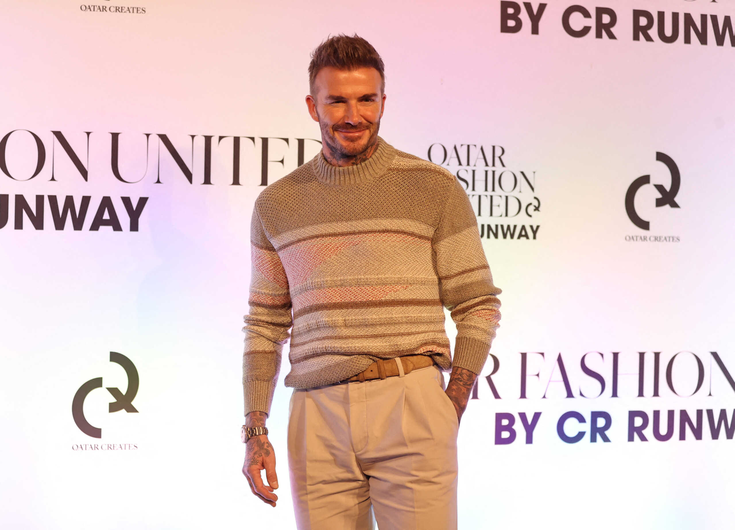 Soccer Football - FIFA World Cup Qatar 2022 - Fashion Show - Stadium 974, Doha, Qatar - December 16, 2022 Former England player David Beckham poses before the show REUTERS