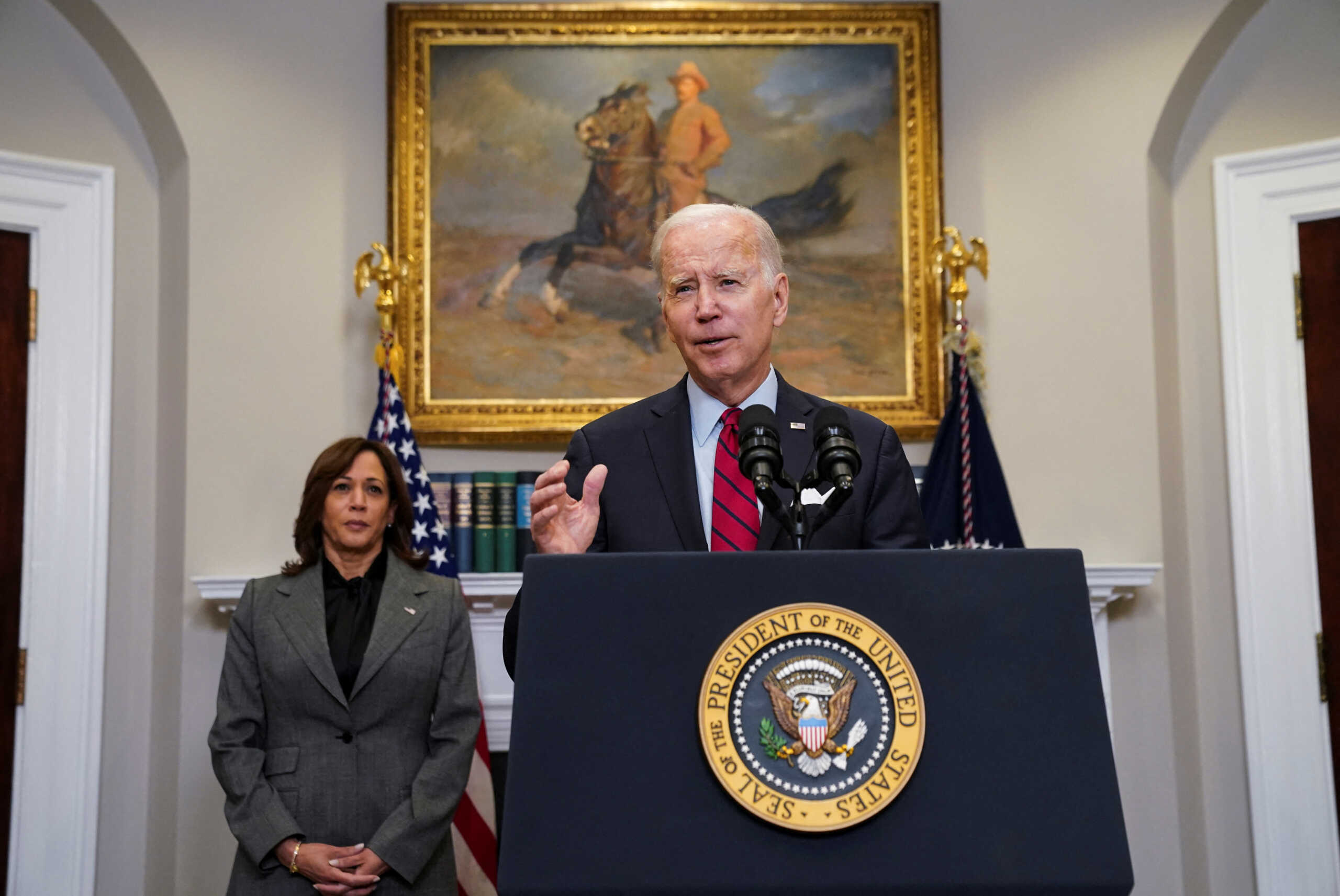 U.S. President Joe Biden is flanked by Vice President Kamala Harris as he speaks about U.S.-Mexico border security and enforcement, in the Roosevelt Room at the White House in Washington, U.S., January 5, 2023. REUTERS