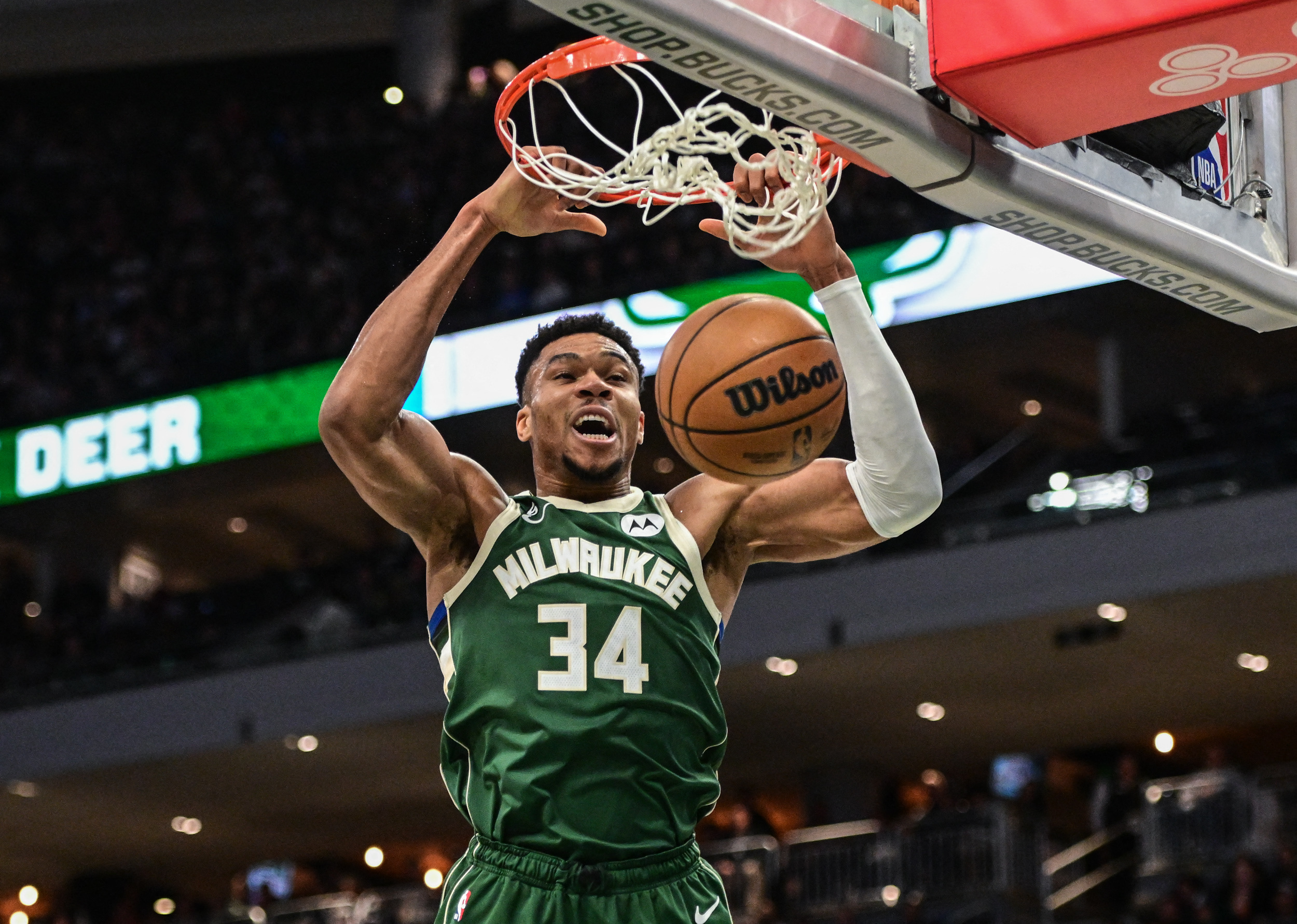 Jan 3, 2023; Milwaukee, Wisconsin, USA; Milwaukee Bucks forward Giannis Antetokounmpo (34) dunks in the third quarter of their game against the Washington Wizards at Fiserv Forum. Mandatory Credit: Benny Sieu-USA TODAY Sports