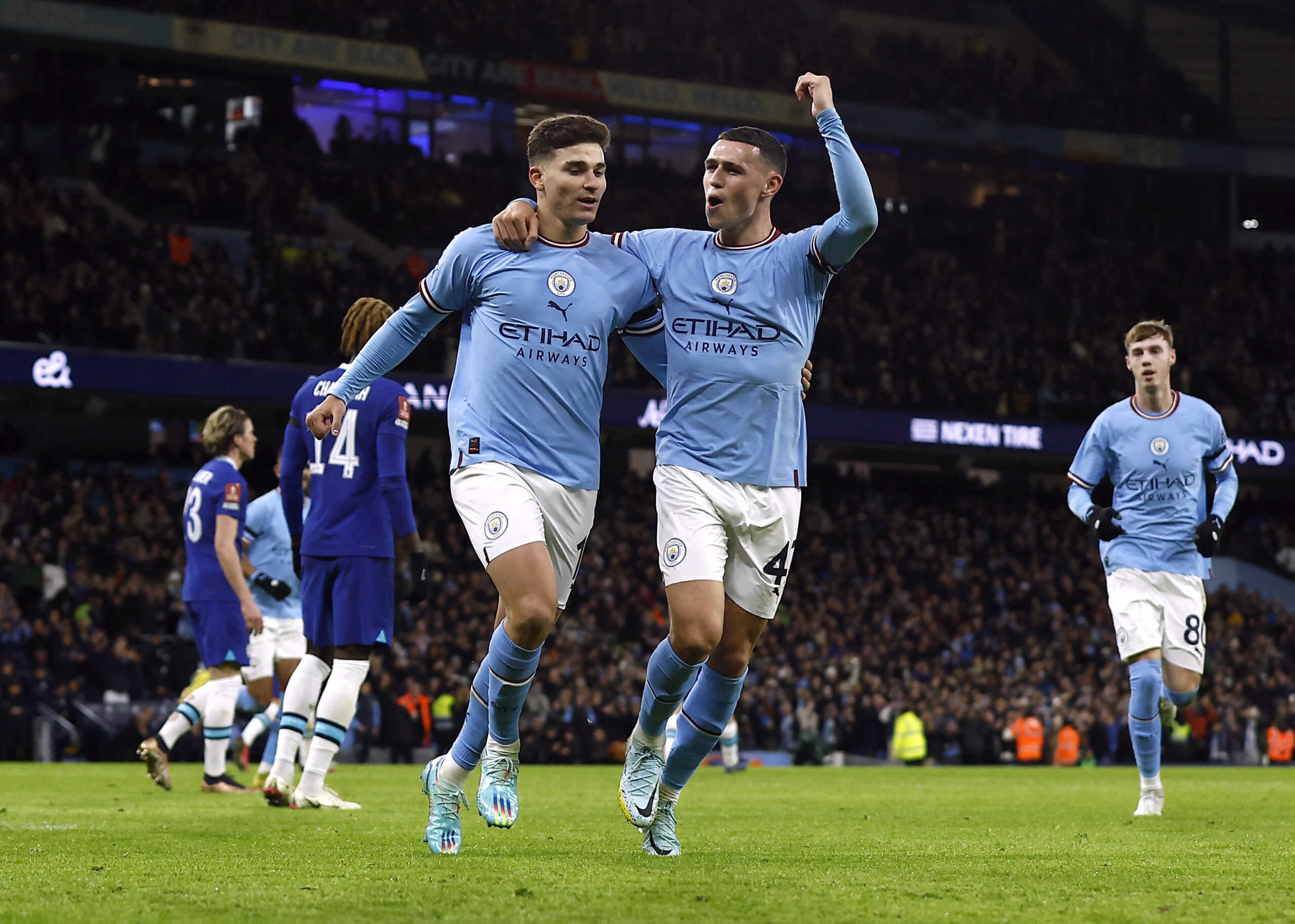 Soccer Football - FA Cup Third Round - Manchester City v Chelsea - Etihad Stadium, Manchester, Britain - January 8, 2023 Manchester City's Julian Alvarez celebrates scoring their second goal with Phil Foden Action Images via Reuters