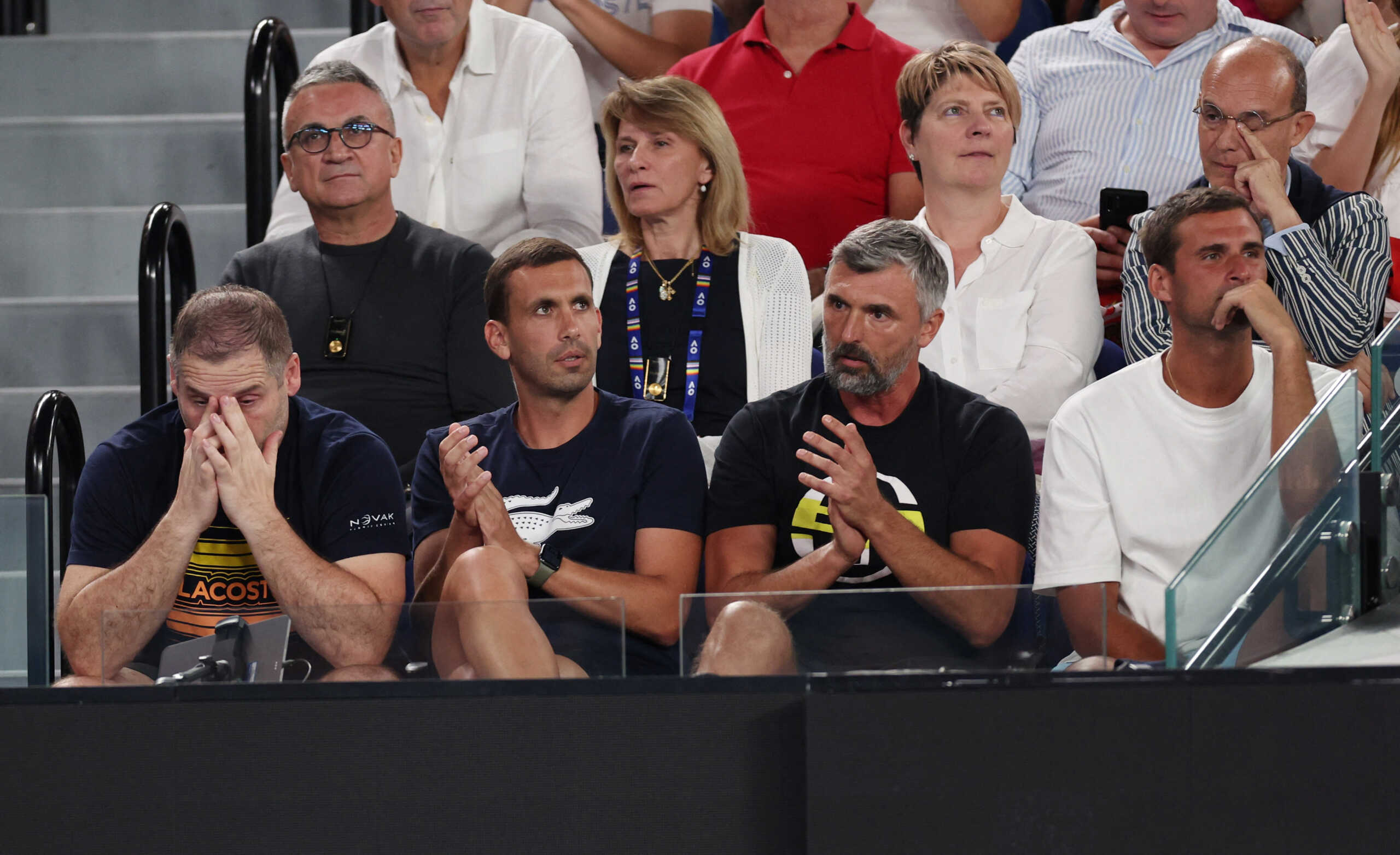 Tennis - Australian Open - Melbourne Park, Melbourne, Australia - January 17, 2023 Goran Ivanisevic, coach of Serbia's Novak Djokovic alongside his father Srdjan Djokovic and mother Dijana Djokovic is seen in the stands during his first round match against Spain's Roberto Carballes Baena  father Srdjan Djokovic mother Dijana Djokovic REUTERS