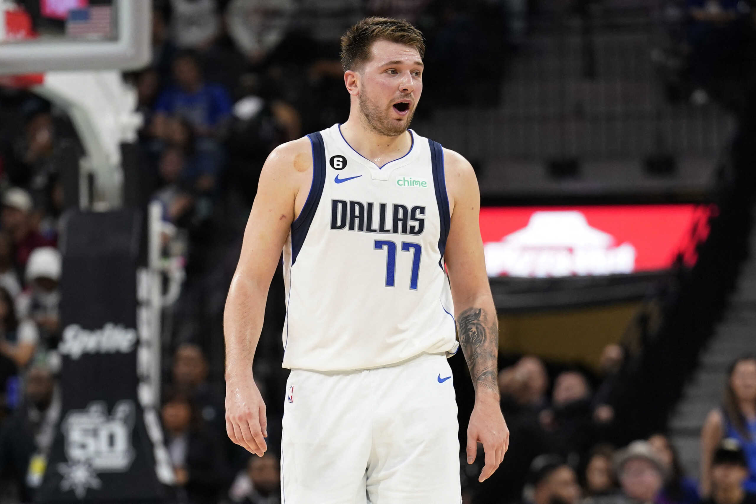 Dec 31, 2022; San Antonio, Texas, USA; Dallas Mavericks guard Luka Doncic (77) argues a call with an official during the second half against the San Antonio Spurs at AT&T Center. Mandatory Credit: Scott Wachter-USA TODAY Sports