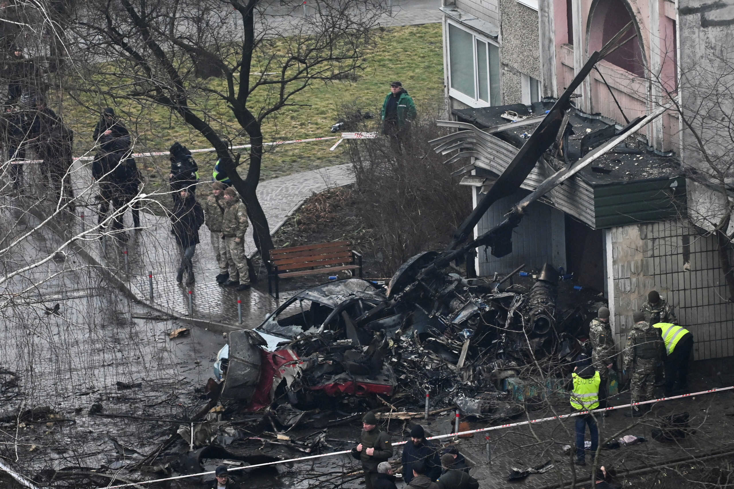 A general view of the site of a helicopter crash, amid Russia's attack on Ukraine, in the town of Brovary, outside Kyiv, Ukraine, January 18, 2023. REUTERS