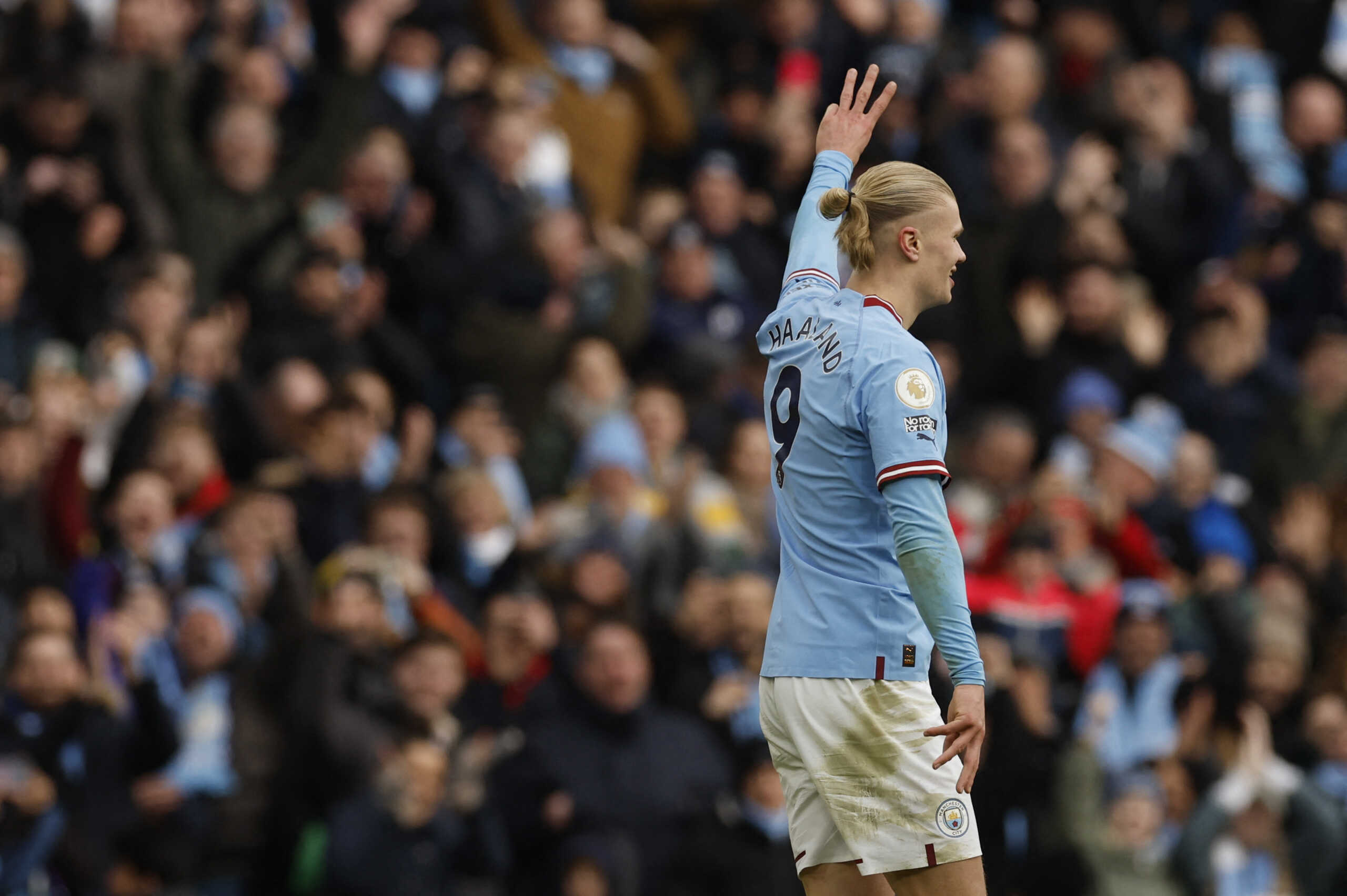 Soccer Football - Premier League - Manchester City v Wolverhampton Wanderers - Etihad Stadium, Manchester, Britain - January 22, 2023 Manchester City's Erling Braut Haaland celebrates scoring their third goal and his hat-trick Action Images via Reuters