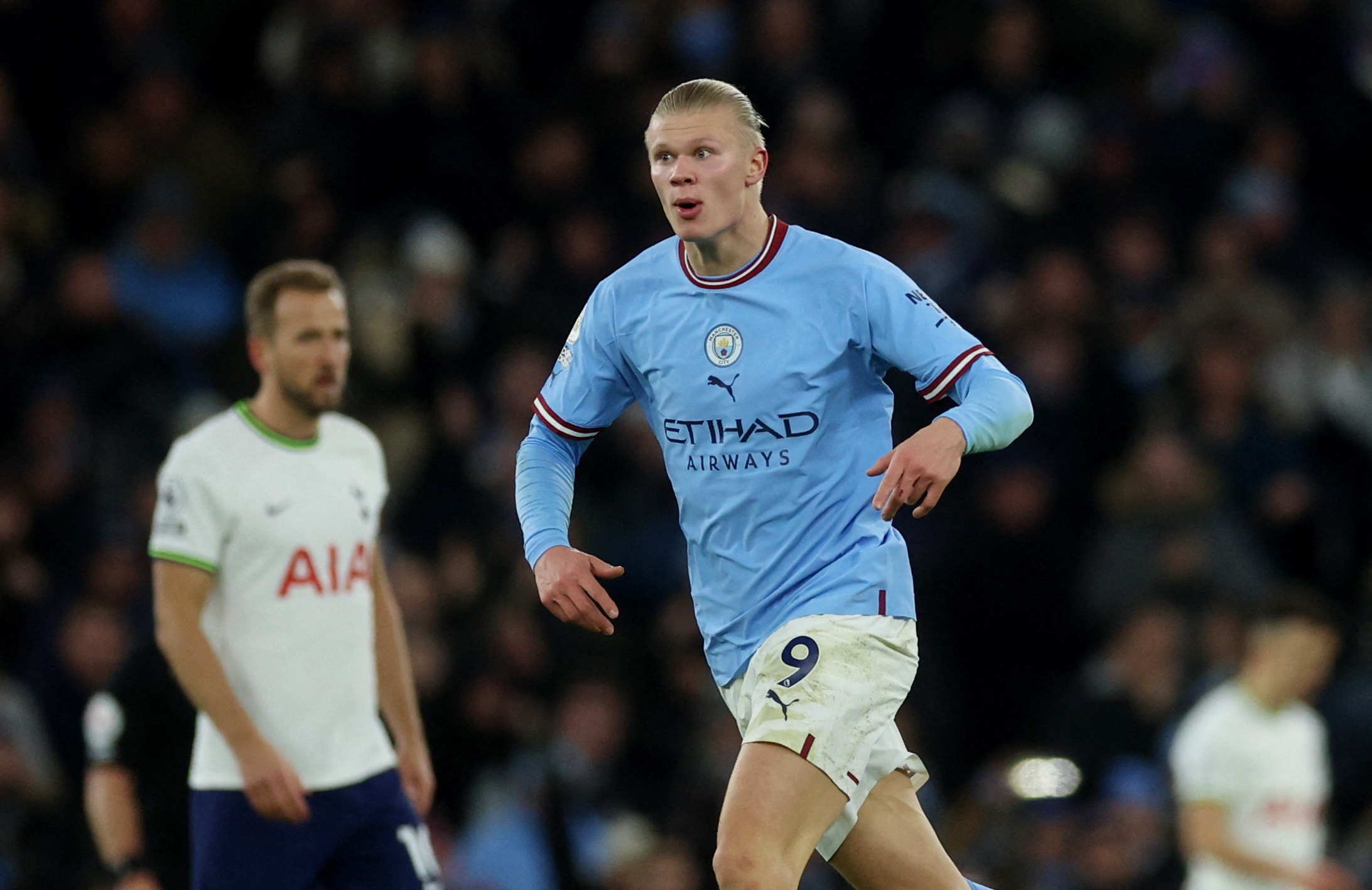 Soccer Football - Premier League - Manchester City v Tottenham Hotspur - Etihad Stadium, Manchester, Britain - January 19, 2023 Manchester City's Erling Braut Haaland celebrates scoring their second goal Action Images via Reuters