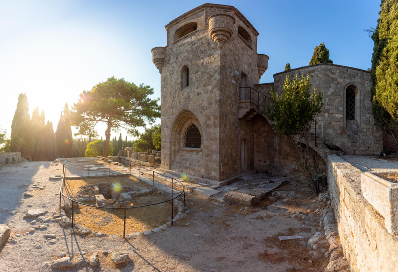 The territory of Filerimos Monastery on the island of Rhodes in Greece at sunset with pleasant warm tones