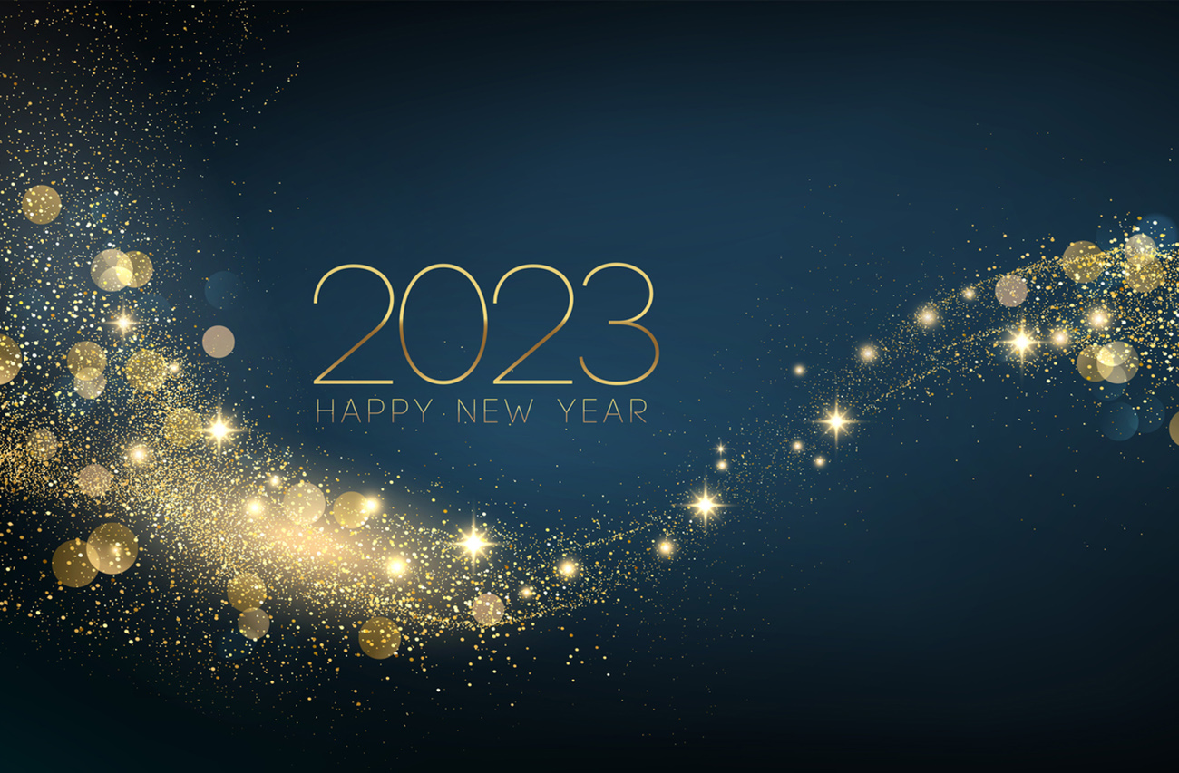 2023 Happy New year with Abstract shiny color gold swirl design element and glitter effect on dark background. Round frame For Calendar, poster design