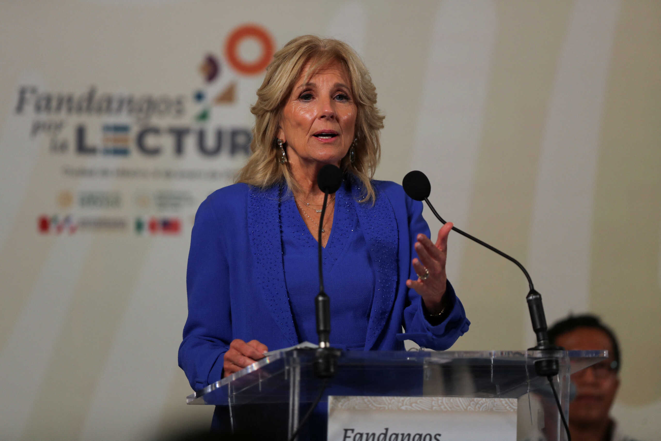 U.S. first lady Jill Biden speaks during the "Fandango por la Lectura" event, at the National Palace in Mexico City, Mexico January 9, 2023. REUTERS
