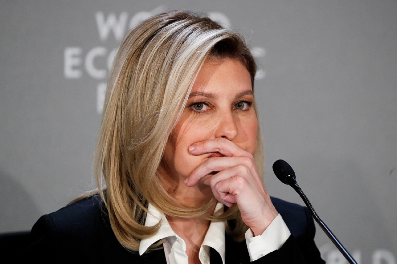 Ukraine's first lady Olena Zelenska reacts during a conversation with Managing Director of the World Economic Forum (WEF), Mirek Dusek (not pictured) at the World Economic Forum, in Davos, Switzerland, January 18, 2023. REUTERS
