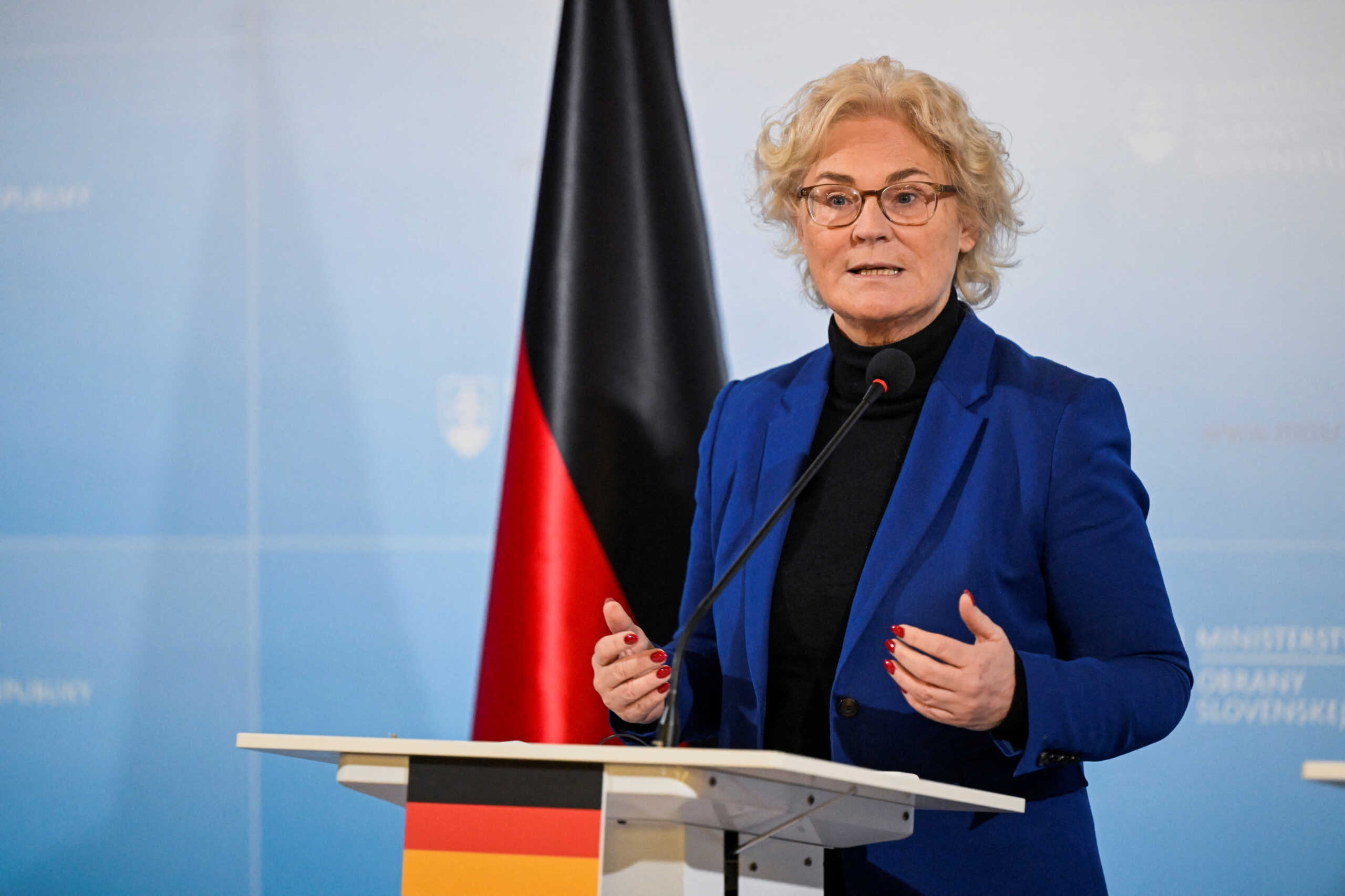 German Defence Minister Christine Lambrecht speaks at a news conference with Slovak Defence Minister Jaroslav Nad in Bratislava, Slovakia, December 19, 2022. REUTERS