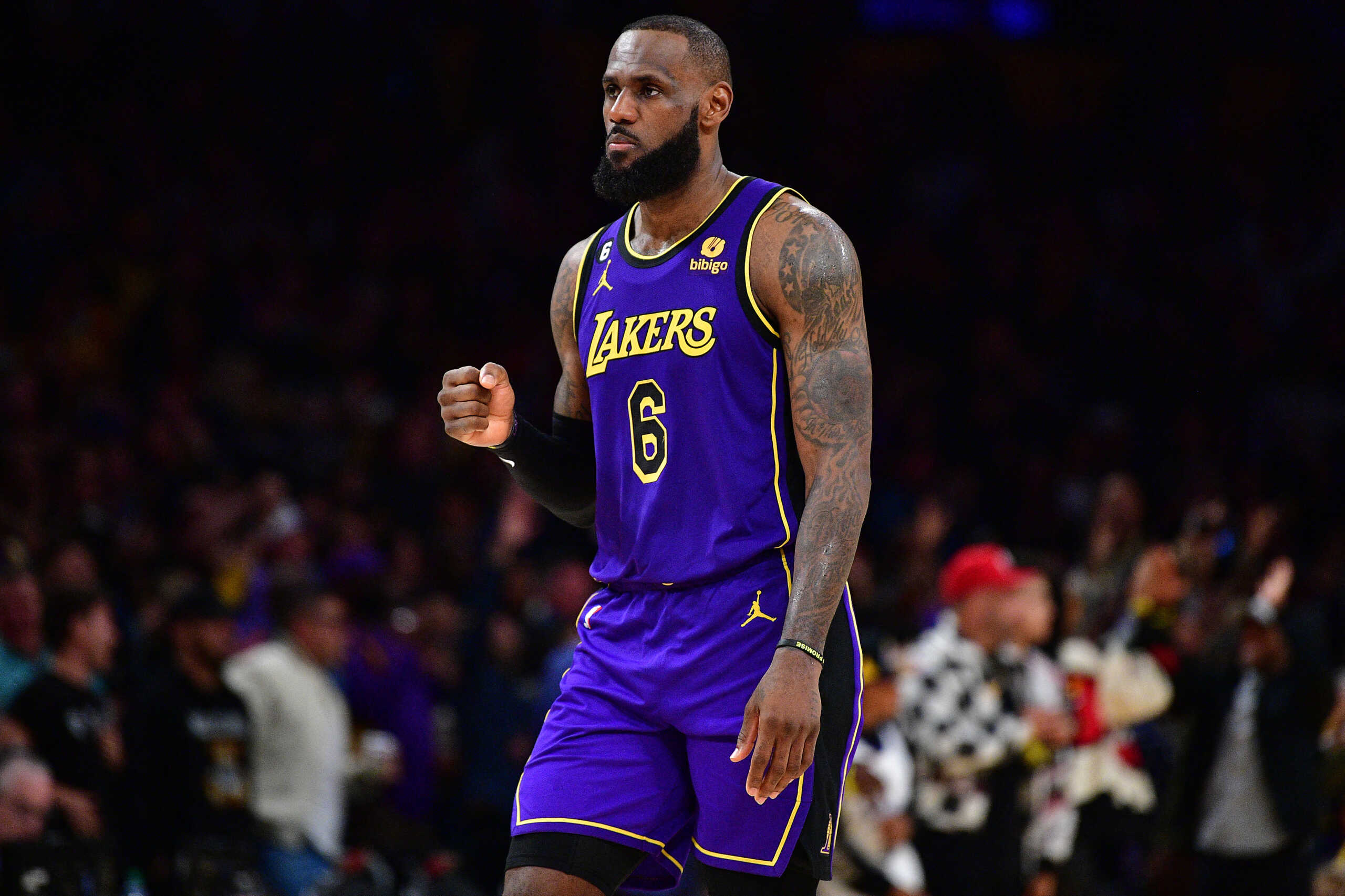 January 20, 2023; Los Angeles, California, USA; Los Angeles Lakers forward LeBron James (6) reacts after guard Dennis Schroder (17) scores a basket and draws the foul against the Memphis Grizzlies during the second half at Crypto.com Arena. Mandatory Credit: Gary A. Vasquez-USA TODAY Sports