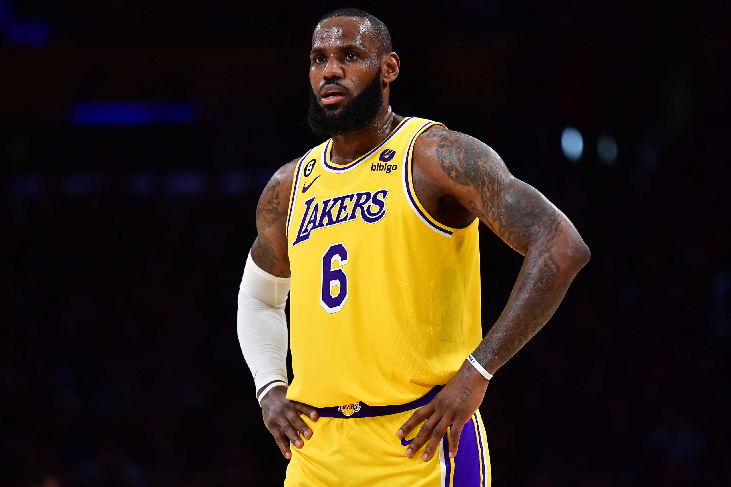 Jan 12, 2023; Los Angeles, California, USA; Los Angeles Lakers forward LeBron James (6) reacts against the Dallas Mavericks during the second half at Crypto.com Arena. Mandatory Credit: Gary A. Vasquez-USA TODAY Sports