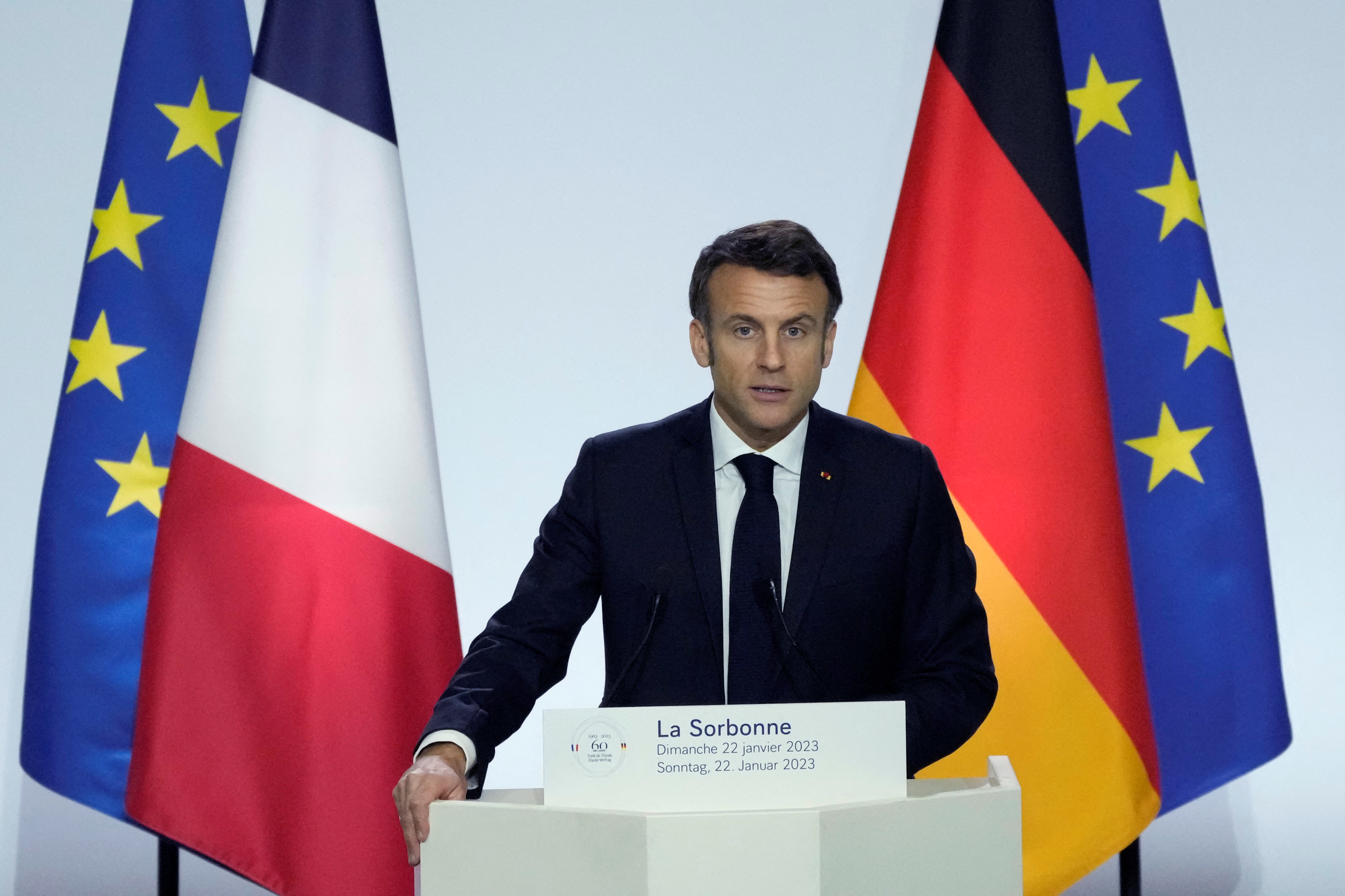 French President Emmanuel Macron delivers a speech at the Sorbonne University during a ceremony to celebrate the 60th anniversary of the Elysee Treaty in Paris, France January 22, 2023. Christophe Ena