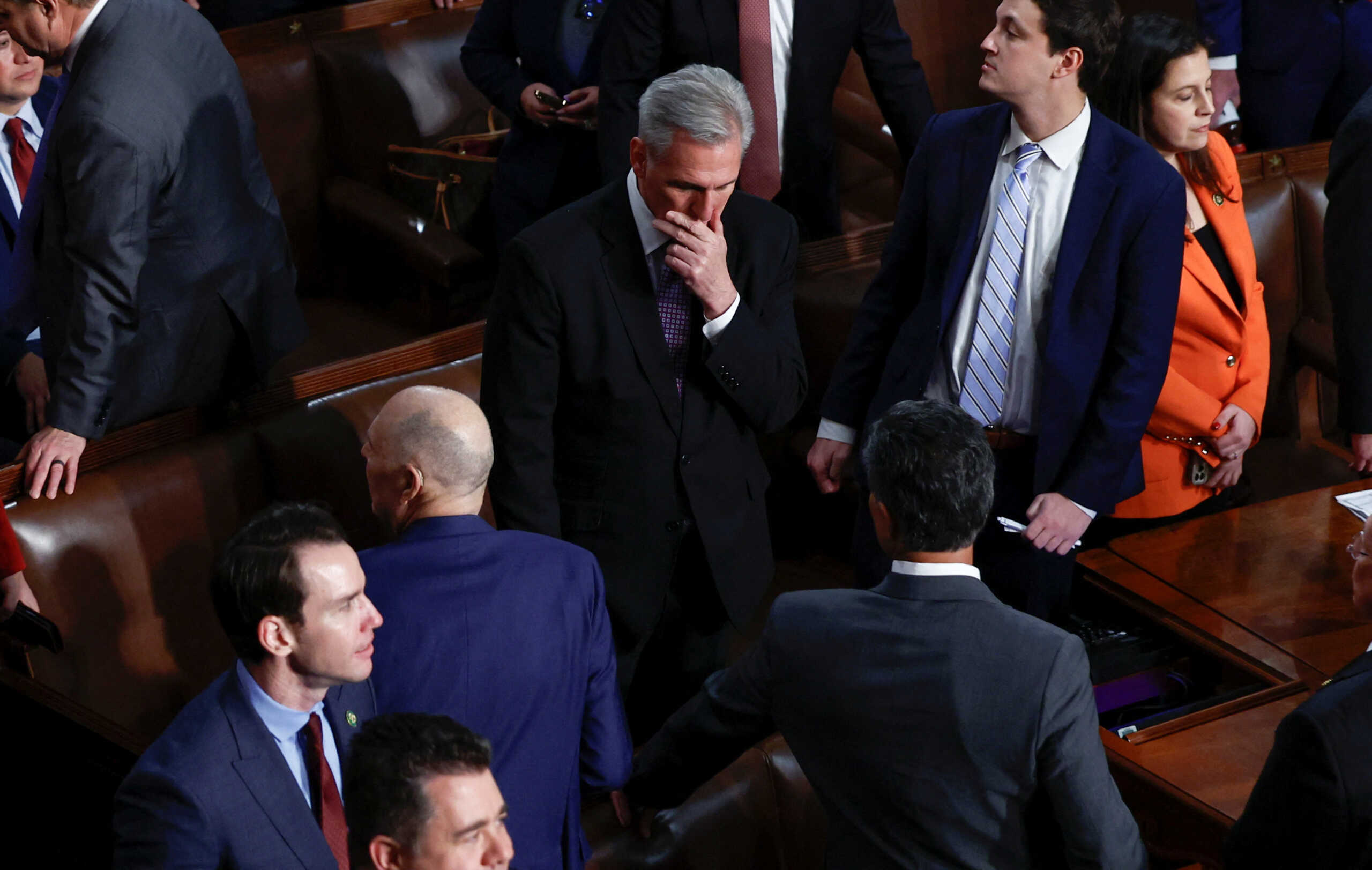 U.S. House Republican Leader Kevin McCarthy (R-CA) reacts on the floor of the House Chamber as Democrats force a procedural vote to try to keep the House in a late night session, while the competition for Speaker of the House continues, on the second day of the 118th Congress at the U.S. Capitol in Washington, U.S., January 4, 2023 REUTERS