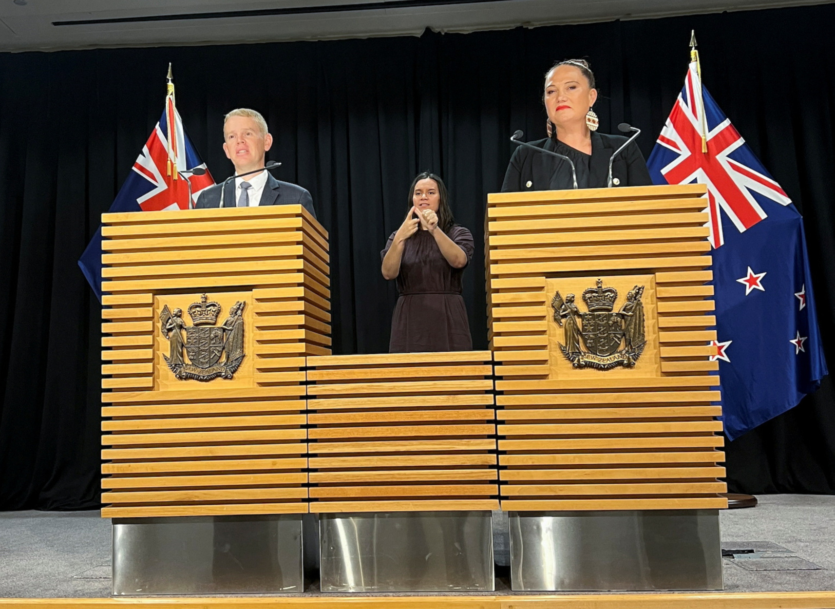 Chris Hipkins and Carmel Sepuloni attend a news conference after being confirmed as the new Prime Minister and Deputy Prime Minister in Wellington New Zealand, January 22, 2023. REUTERS