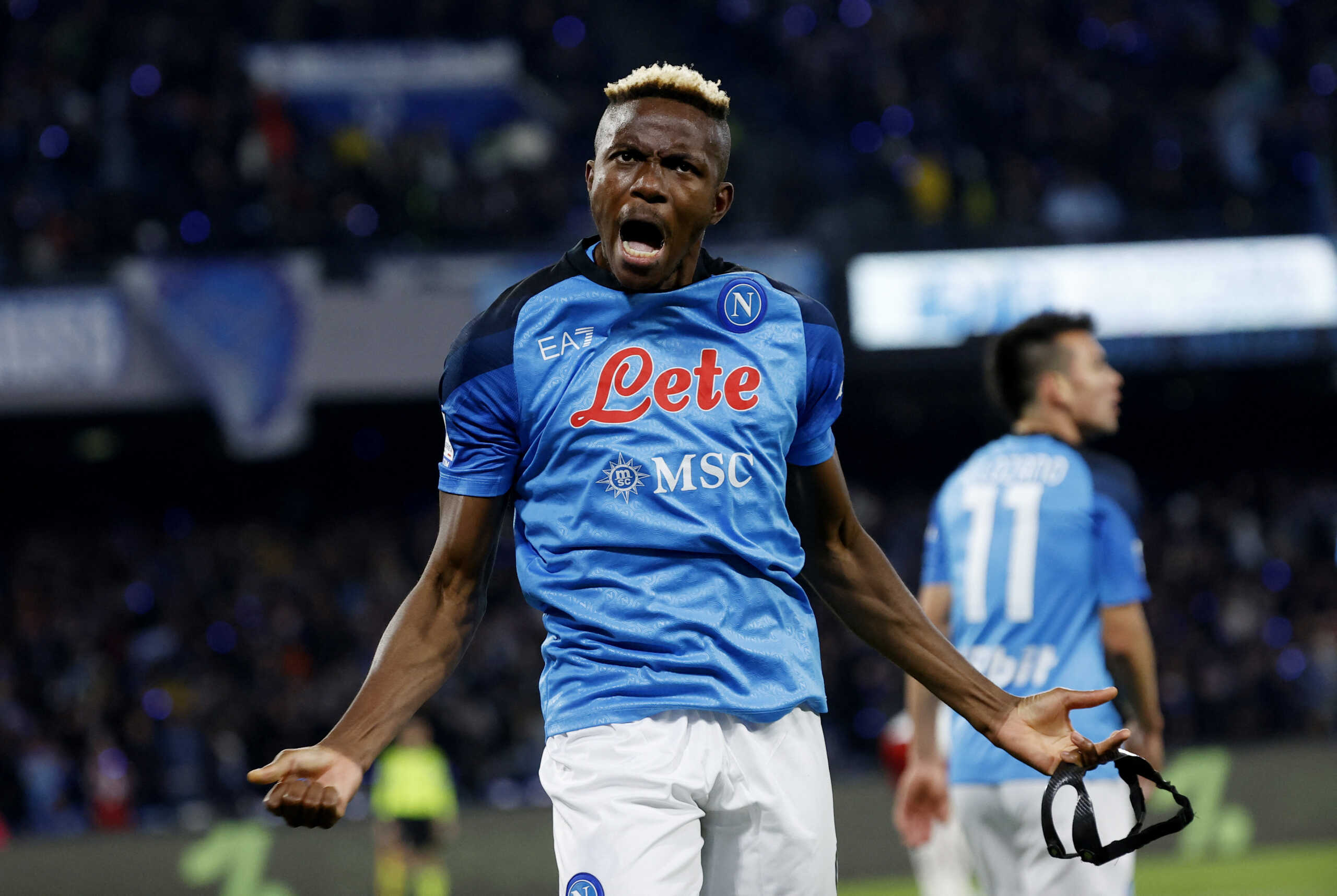 Soccer Football - Serie A - Napoli v AS Roma - Stadio Diego Armando Maradona, Naples, Italy - January 29, 2023 Napoli's Victor Osimhen celebrates scoring their first goal REUTERS