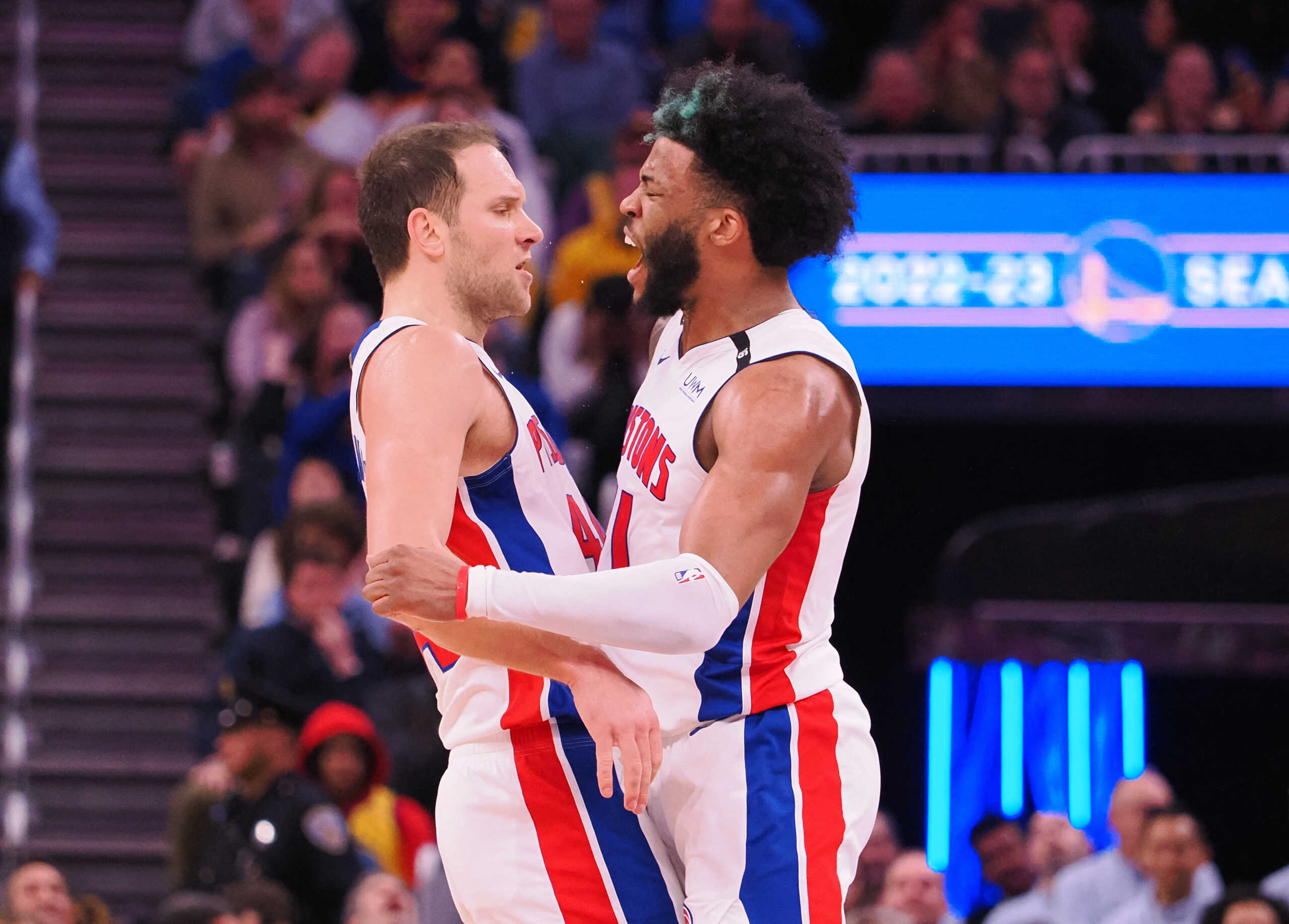 Jan 4, 2023; San Francisco, California, USA; Detroit Pistons small forward Bojan Bogdanovic (44) celebrates with small forward Saddiq Bey (41) after Bey’s three-point basket against the Golden State Warriors during the fourth quarter at Chase Center. Mandatory Credit: Kelley L Cox-USA TODAY Sports