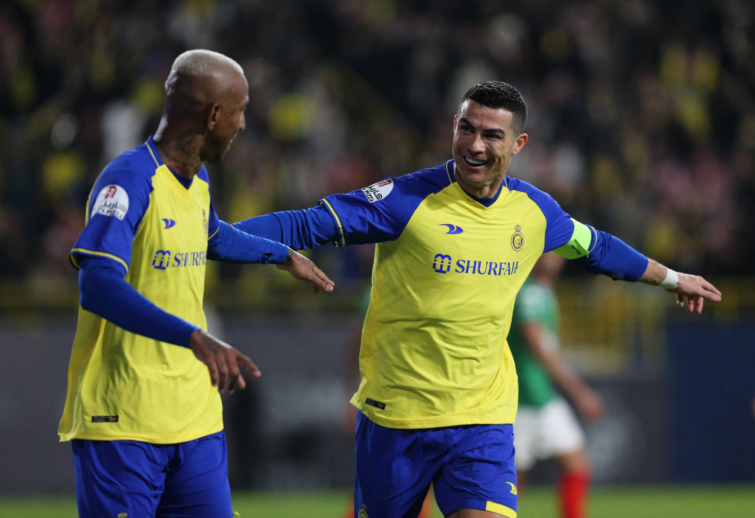 Soccer Football - Saudi Pro League - Al Nassr v Al Ettifaq - Mrsool Park, Riyadh, Saudi Arabia - January 22, 2023 Al Nassr's Anderson Talisca celebrates scoring their first goal with Cristiano Ronaldo REUTERS