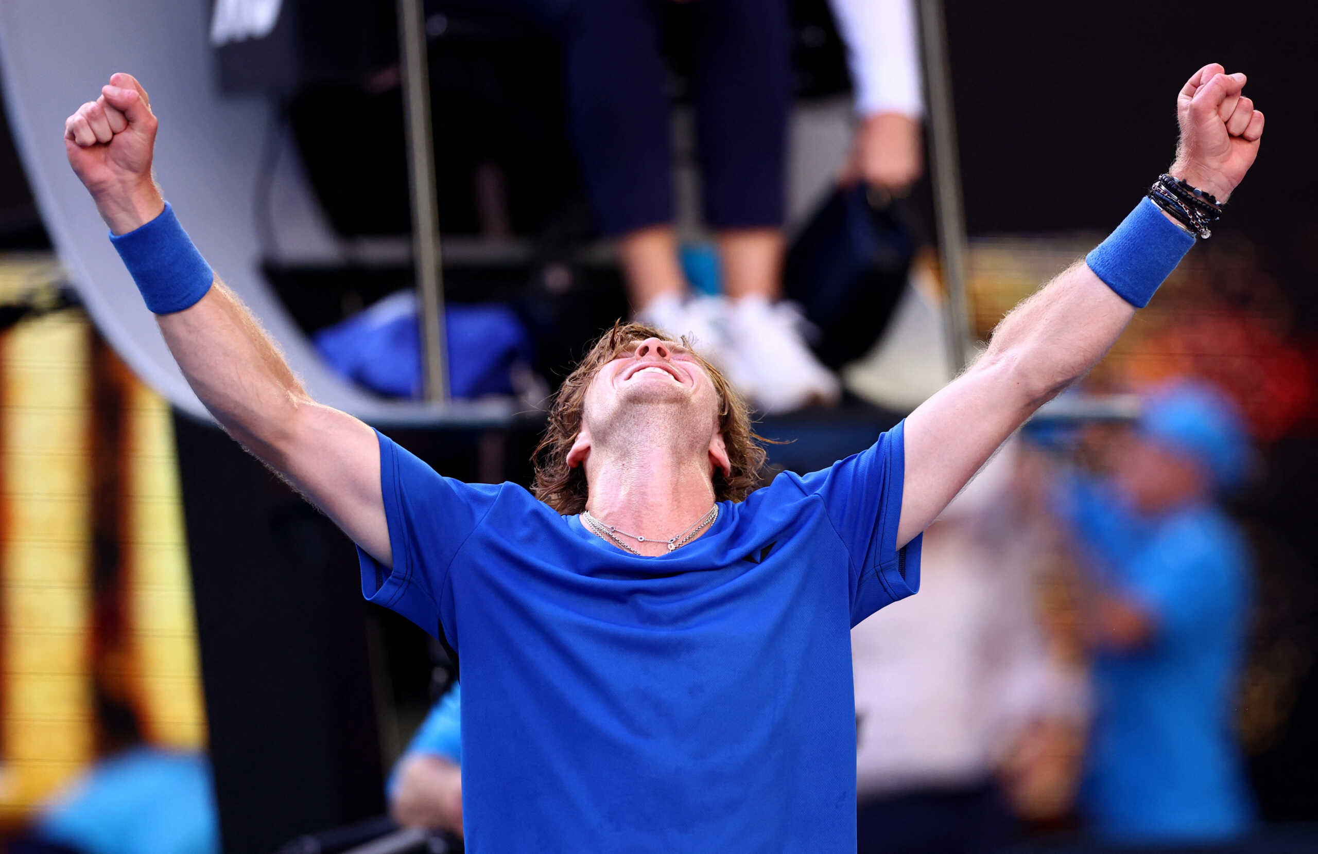 Tennis - Australian Open - Melbourne Park, Melbourne, Australia - January 23, 2023 Russia's Andrey Rublev celebrates winning his fourth round match against Denmark's Holger Rune REUTERS