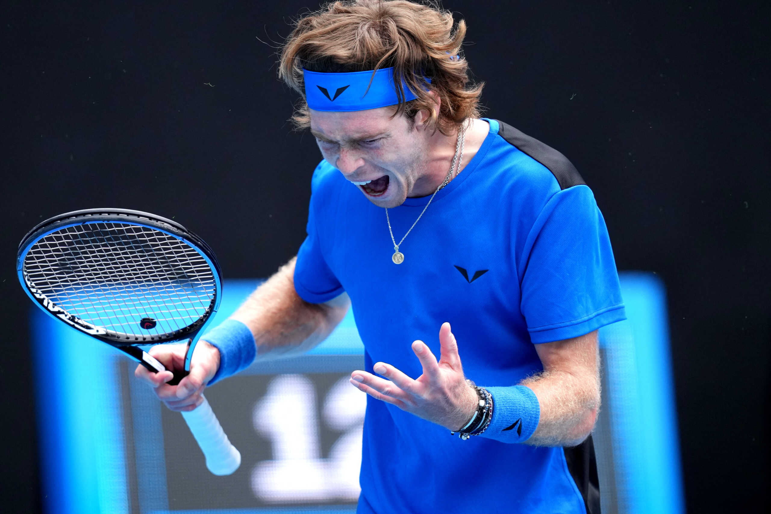 Tennis - Australian Open - Melbourne Park, Melbourne, Australia - January 19, 2023 Russia's Andrey Rublev reacts during his second round match against Finland's Emil Ruusuvuori REUTERS