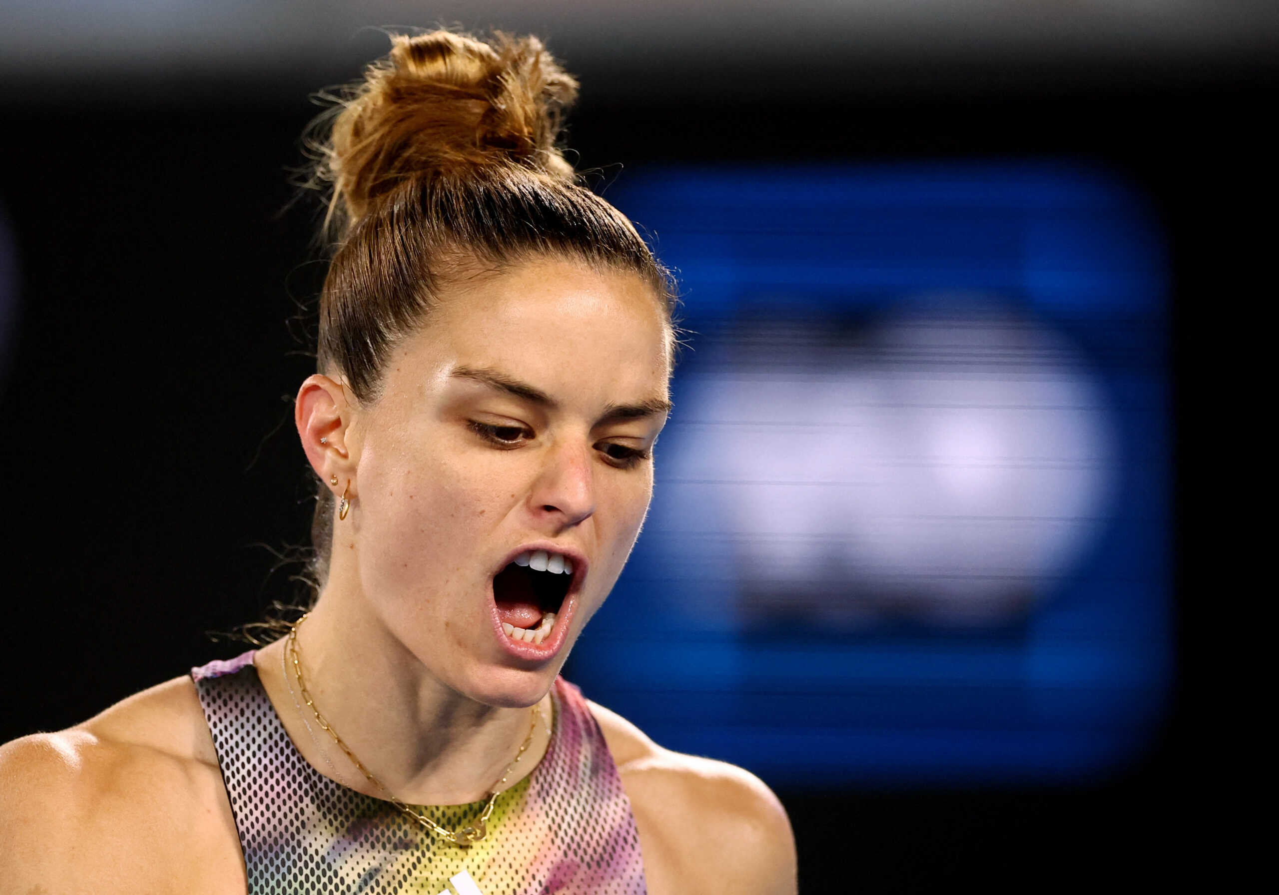 Tennis - Australian Open - Melbourne Park, Melbourne, Australia - January 18, 2023  Greece's Maria Sakkari reacts during her second round match against Russia's Diana Shnaider REUTERS
