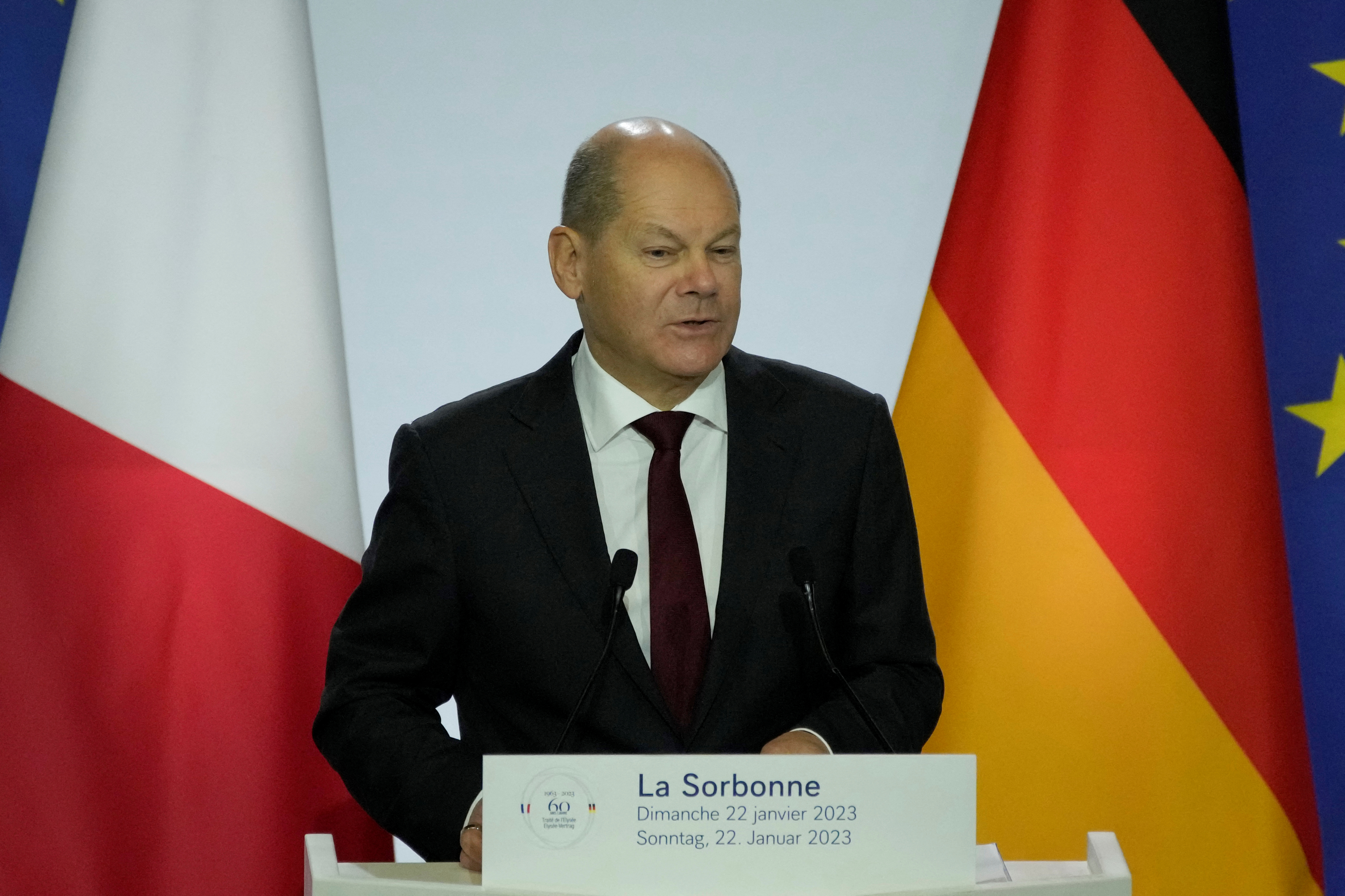 German Chancellor Olaf Scholz delivers a speech at the Sorbonne University during a ceremony to celebrate the 60th anniversary of the Elysee Treaty in Paris, France January 22, 2023. Christophe Ena