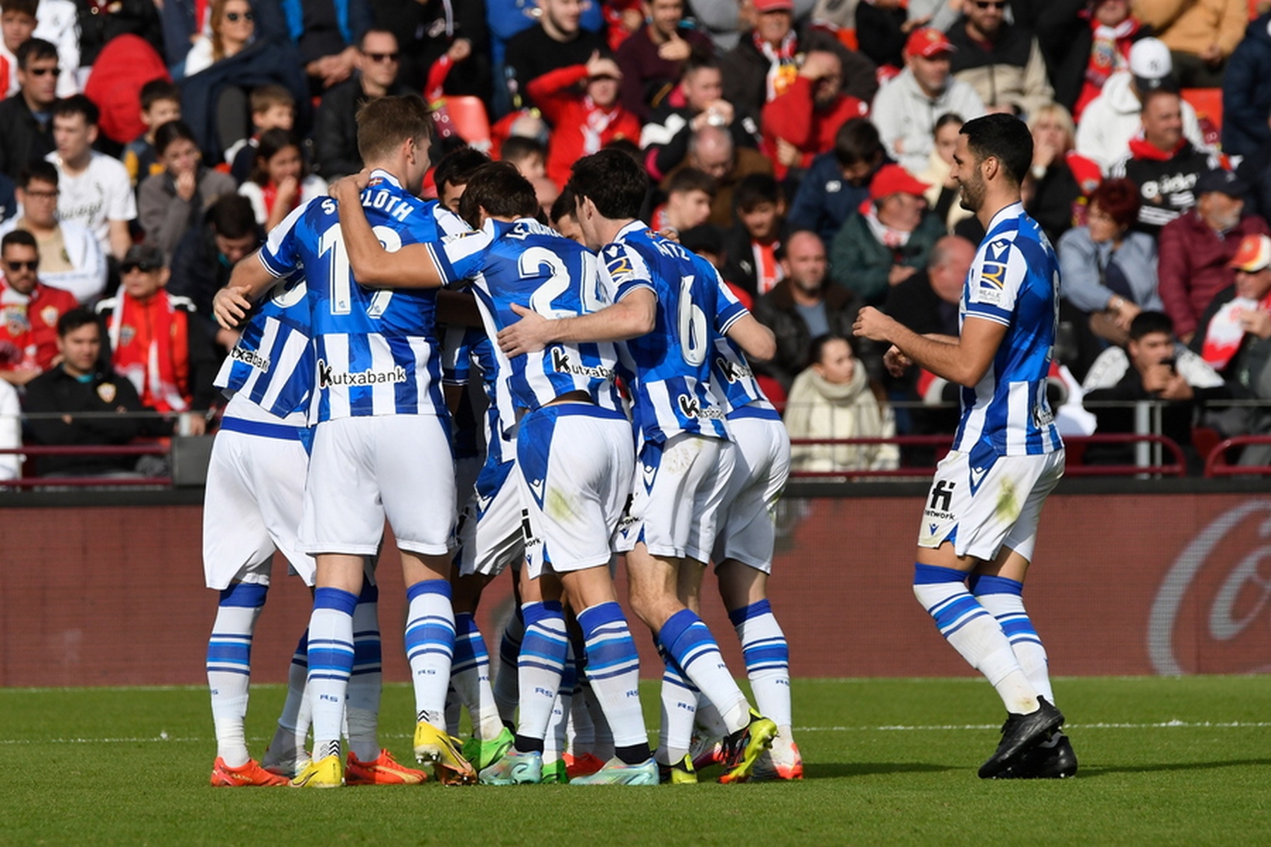 epa10395791 Real Sociedad's players celebrate the goal scored by David Silva against UD Almeria during their Spanish LaLiga league game held at Power Horse Stadium in Almeria, southern Spain, 08 January 20223.  EPA