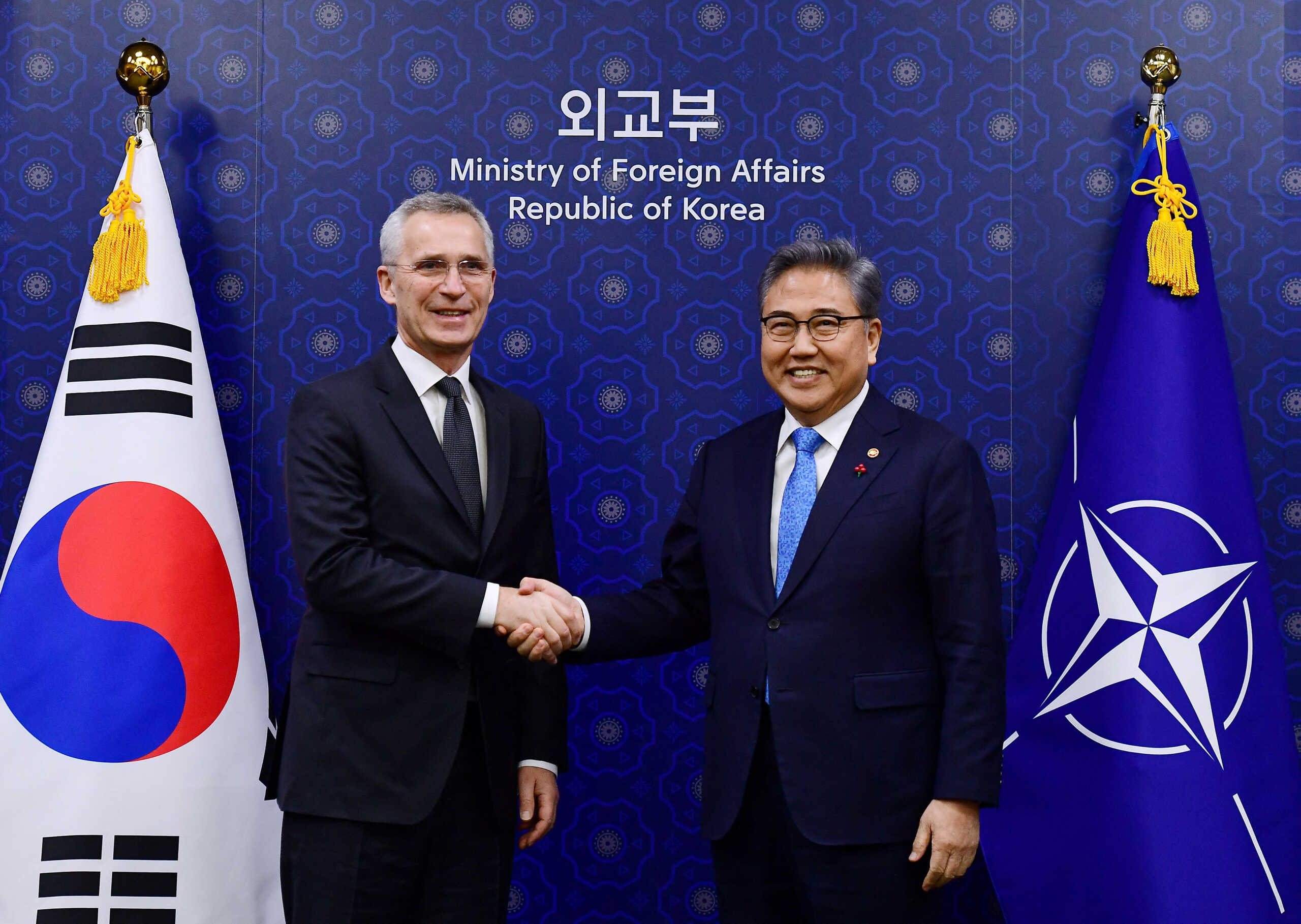 NATO Secretary General Jens Stoltenberg shakes hands with South Korean Foreign Minister Park Jin during their meeting at the Foreign Ministry in Seoul, South Korea January 29, 2023. Kim Min-Hee