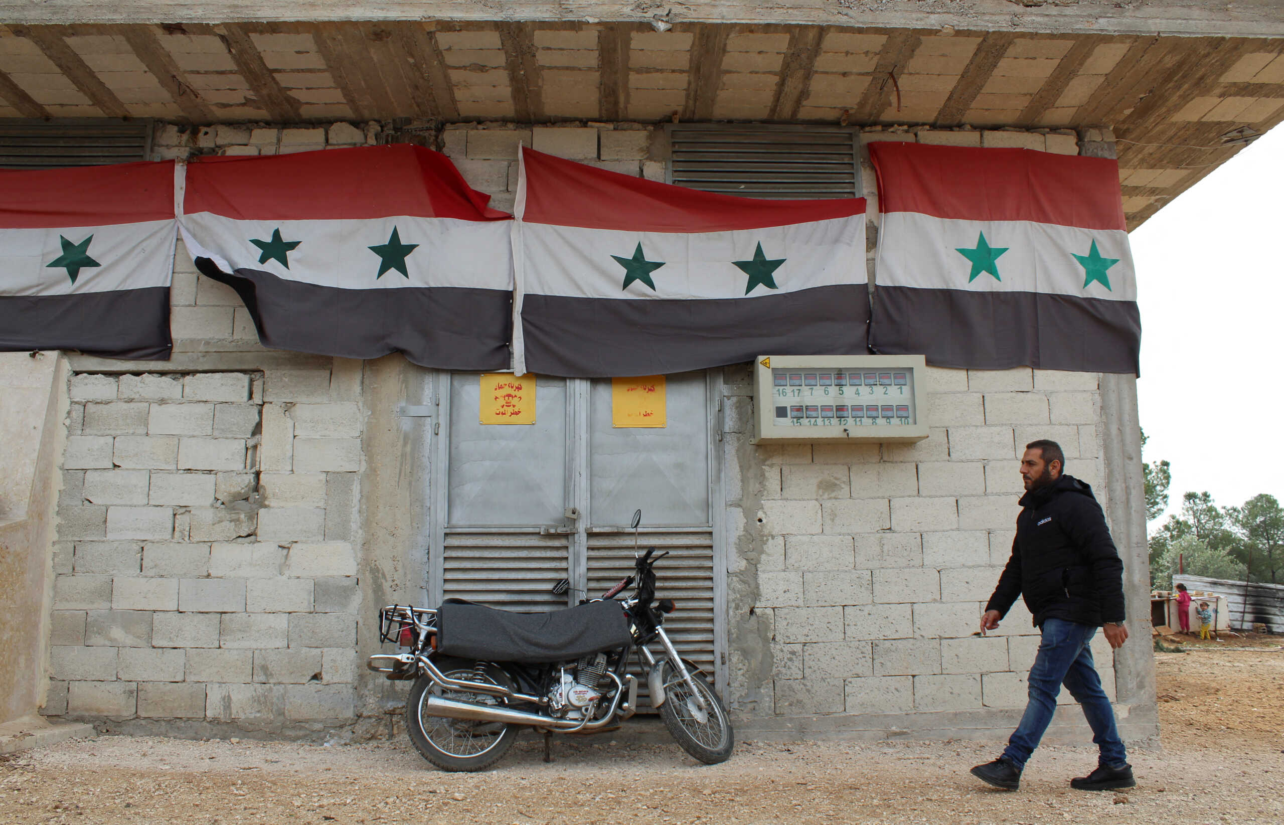 A worker walks past Syrian national flags at a solar farm in Hama, Syria November 28, 2022. REUTERS