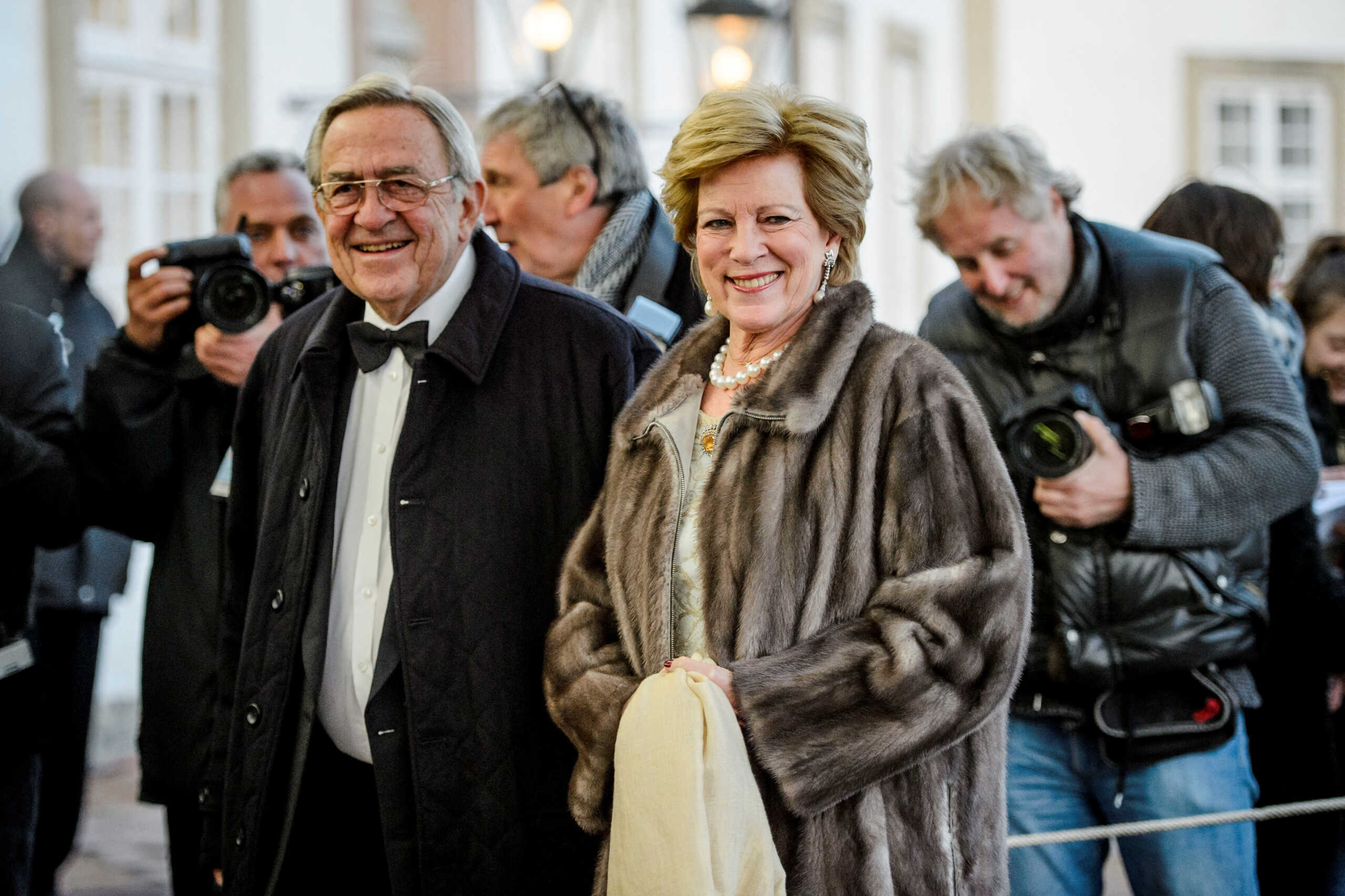 King Constantine II and Queen Anne-Marie arrive at Fredensborg Castle in Denmark to a dinner given to celebrate the 75th birthday of Queen Margrthe II of Denmark on April 16th, 2015. Ritzau Scanpix 2023