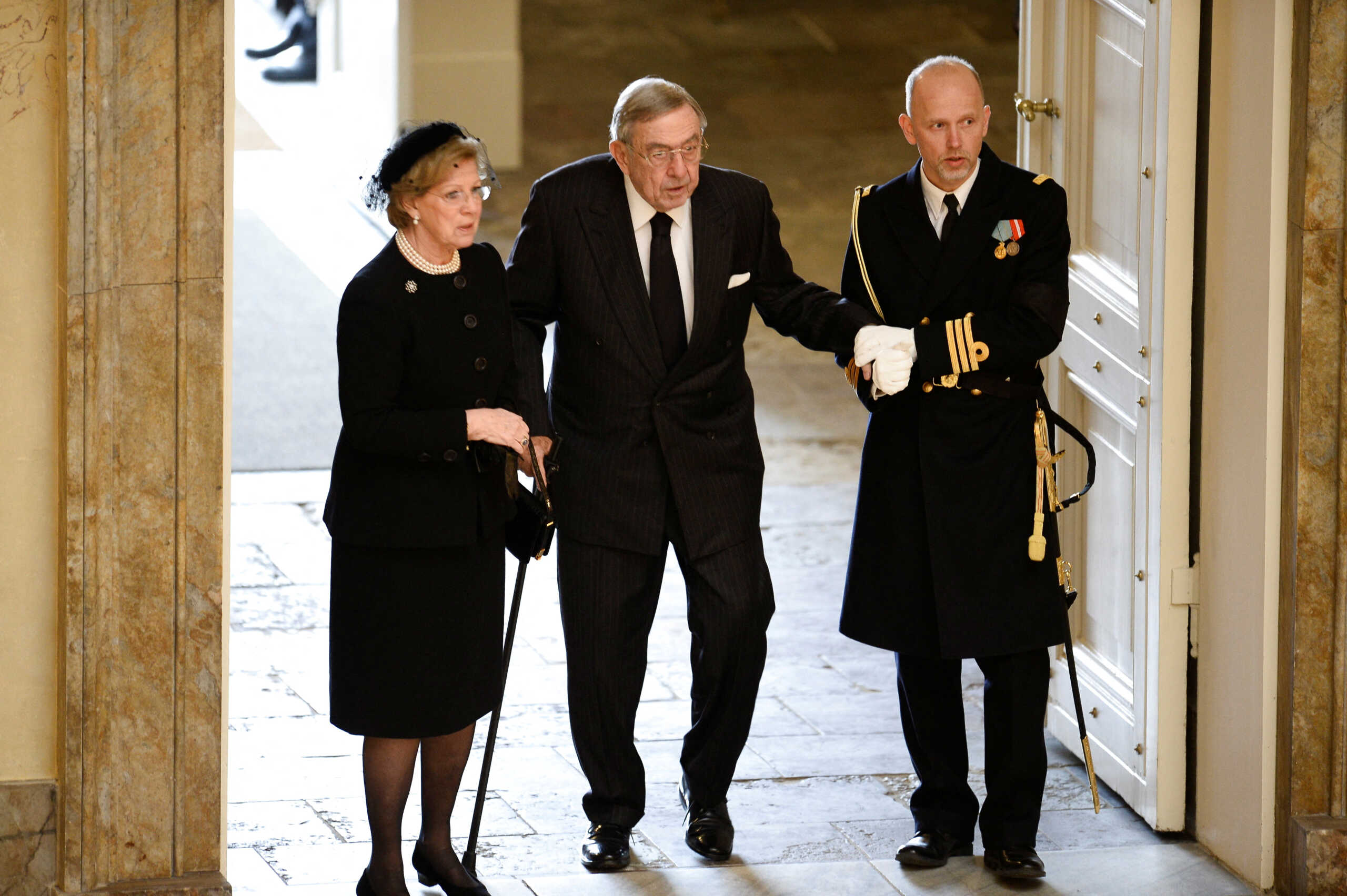 Queen Anne-Marie and King Constantin II of Greece arrive at the funeral of Prince Henrik of Denmark, husband of Margrethe II of Denmark, which took place from Christiansborg Palace Chapel on Tuesday, February 20, 2018. Ritzau Scanpix 2023
