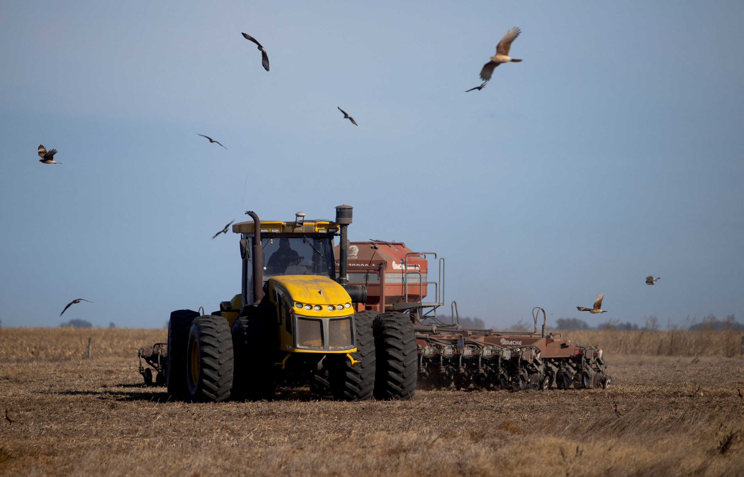 FILE PHOTO: An agricultural worker operates a tractor with a seeder to sow wheat on farmland in Comodoro Py, on the outskirts of Buenos Aires, Argentina June 21, 2022. Picture taken June 21, 2022. REUTERS