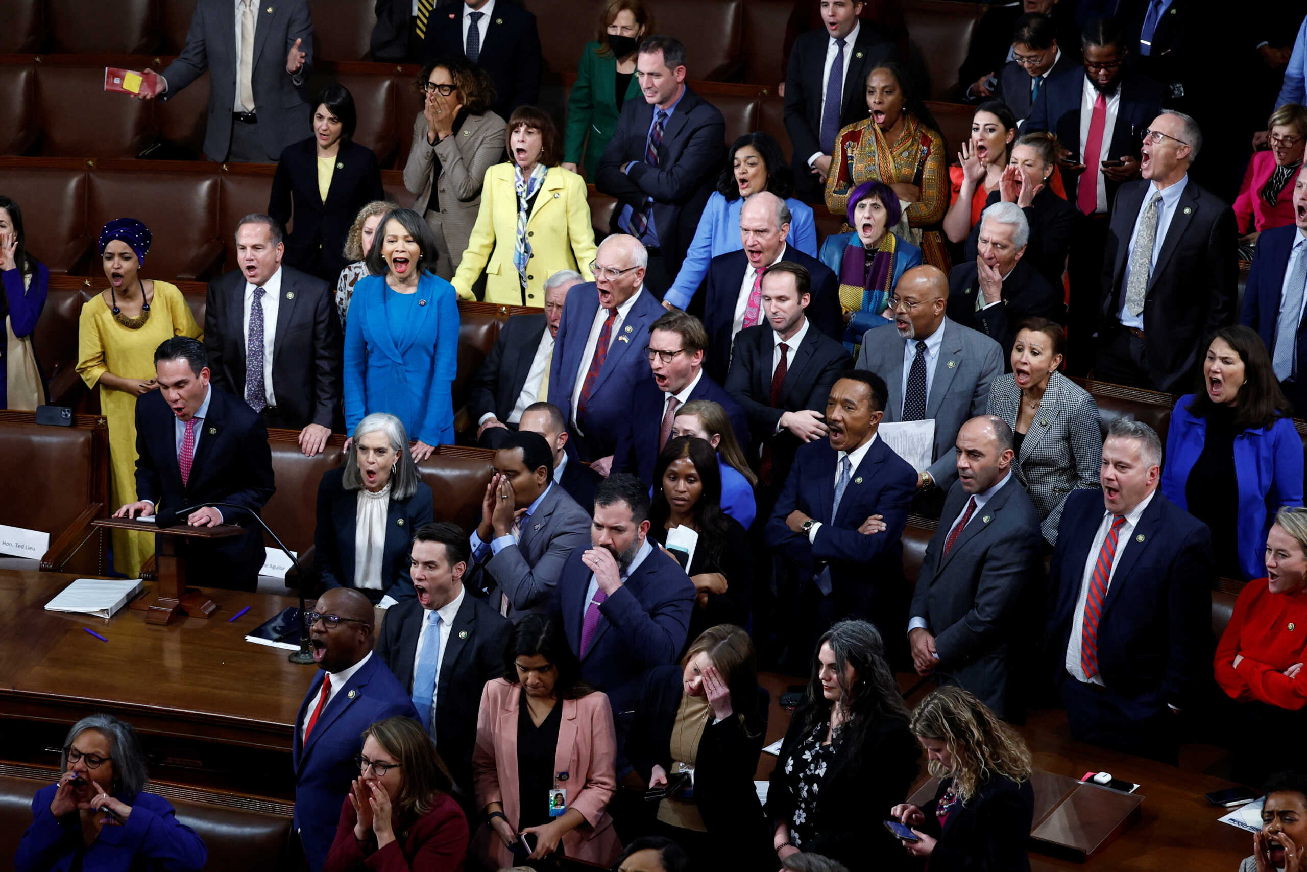 Democratic members of the House of Representatives shout "NAY!" as loud as possible as they ultimately fail in their attempt to defeat a vote to adjourn the voting for Speaker of the House after an 11th round of voting for a new Speaker once again fails to elect a new Speaker on the third day of the 118th Congress at the U.S. Capitol in Washington, U.S., January 5, 2023. REUTERS