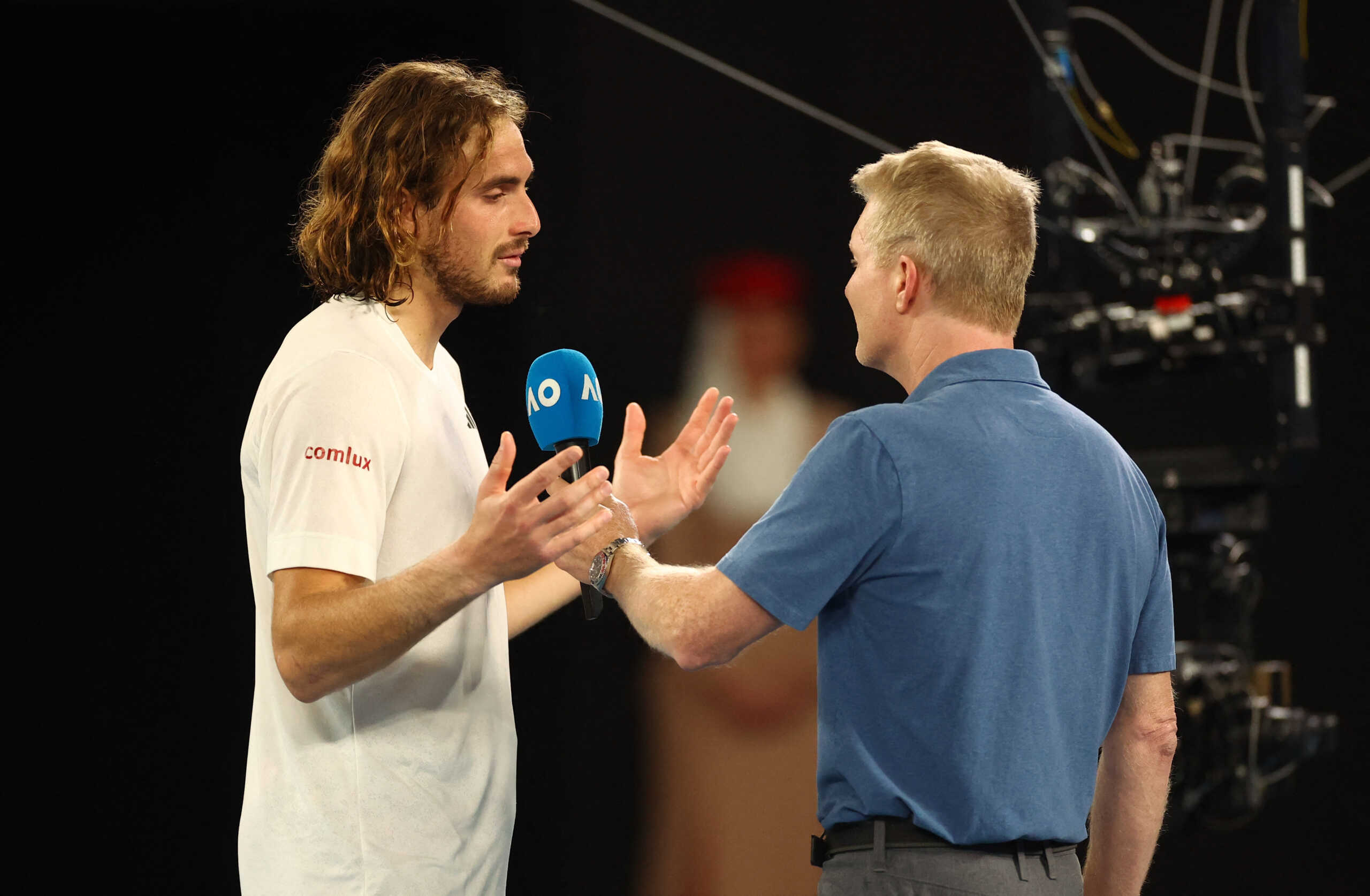 Tennis - Australian Open - Melbourne Park, Melbourne, Australia - January 24, 2023 Greece’s Stefanos Tsitsipas is pictured during an interview after winning his quarter final match against Czech Republic’s Jiri Lehecka REUTERS