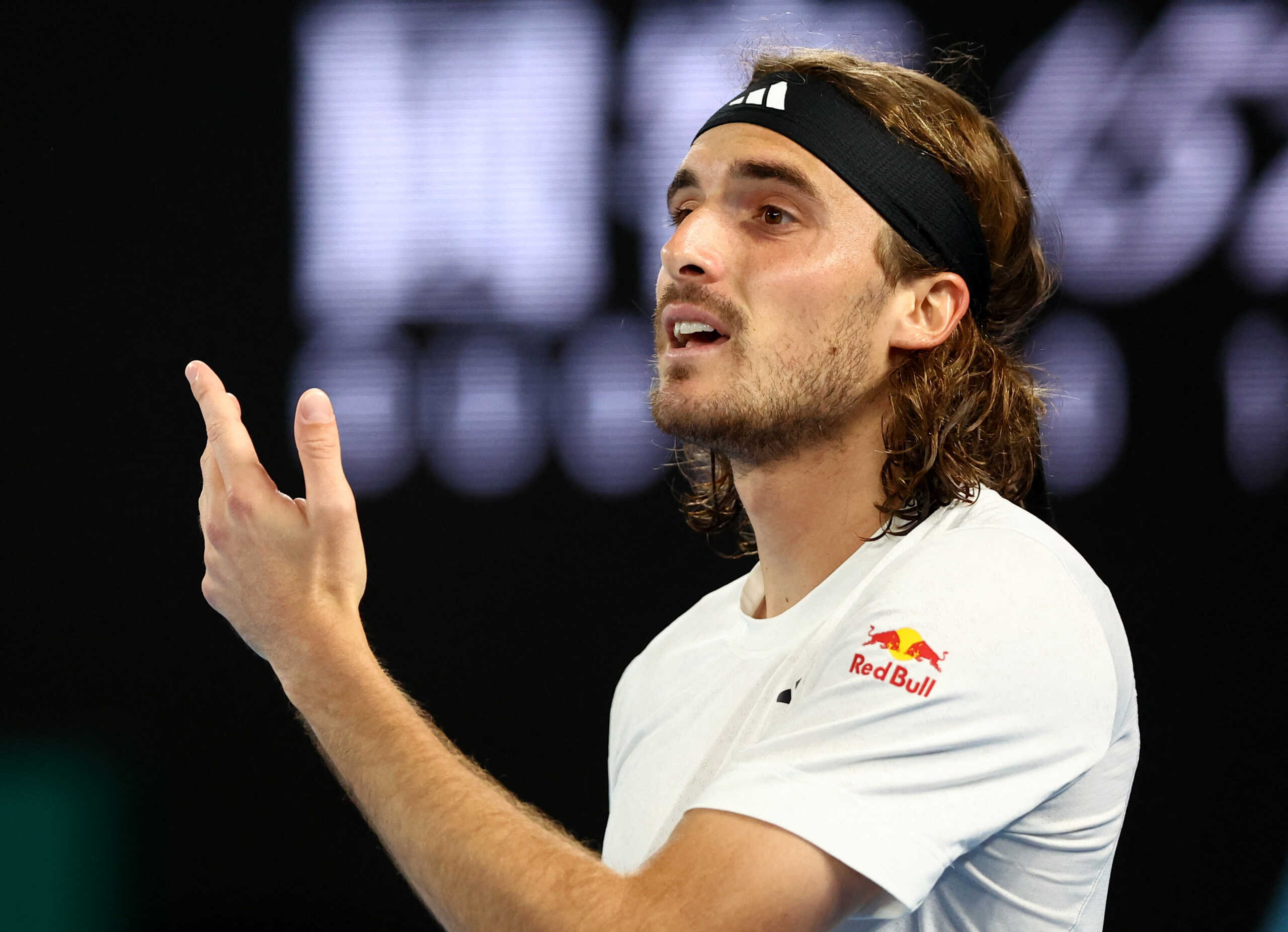 Tennis - Australian Open - Men's Singles Final - Melbourne Park, Melbourne, Australia - January 29, 2023 Greece's Stefanos Tsitsipas reacts during his final match against Serbia's Novak Djokovic REUTERS