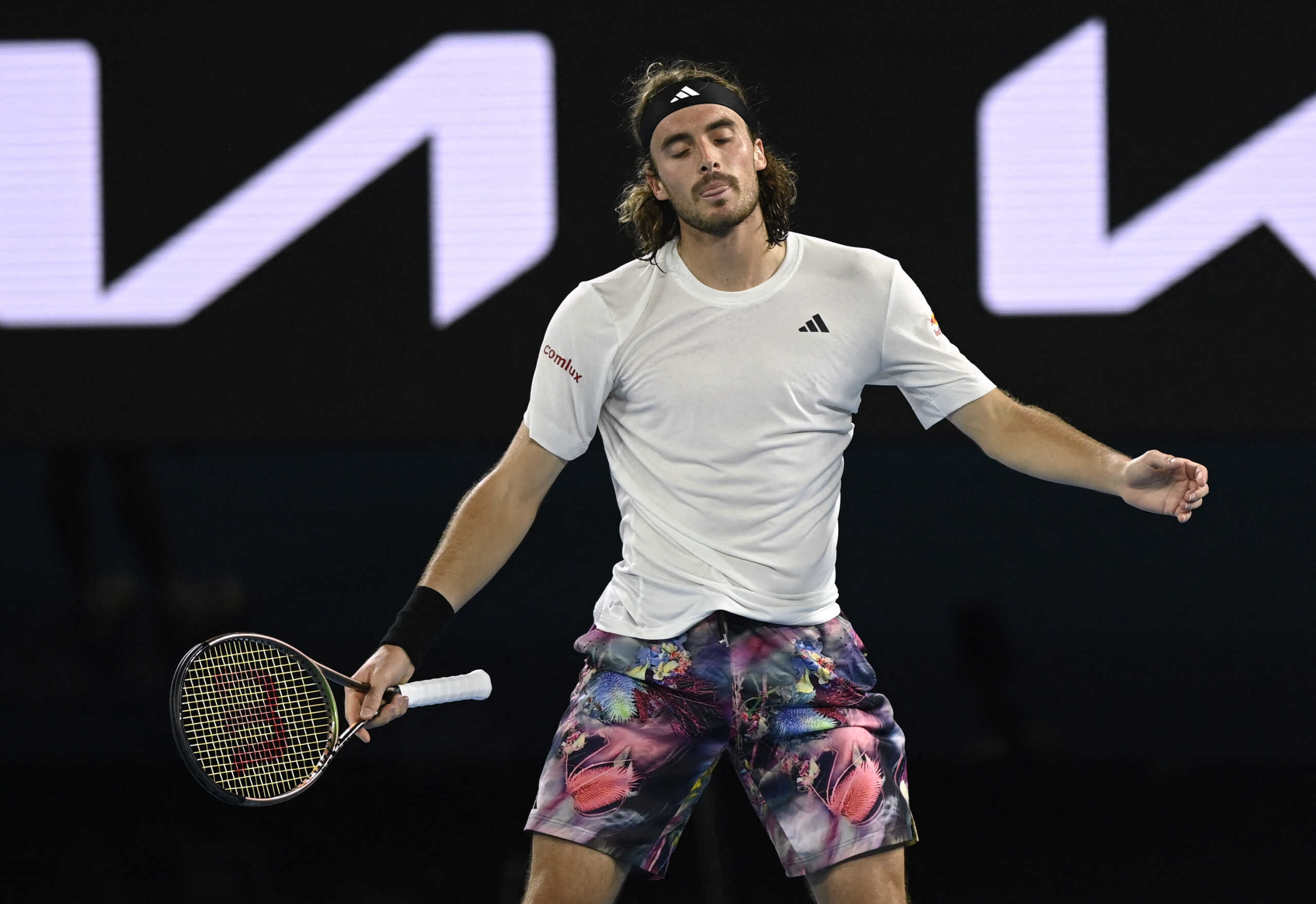 Tennis - Australian Open - Men's Singles Final - Melbourne Park, Melbourne, Australia - January 29, 2023 Greece's Stefanos Tsitsipas reacts during his final match against Serbia's Novak Djokovic REUTERS