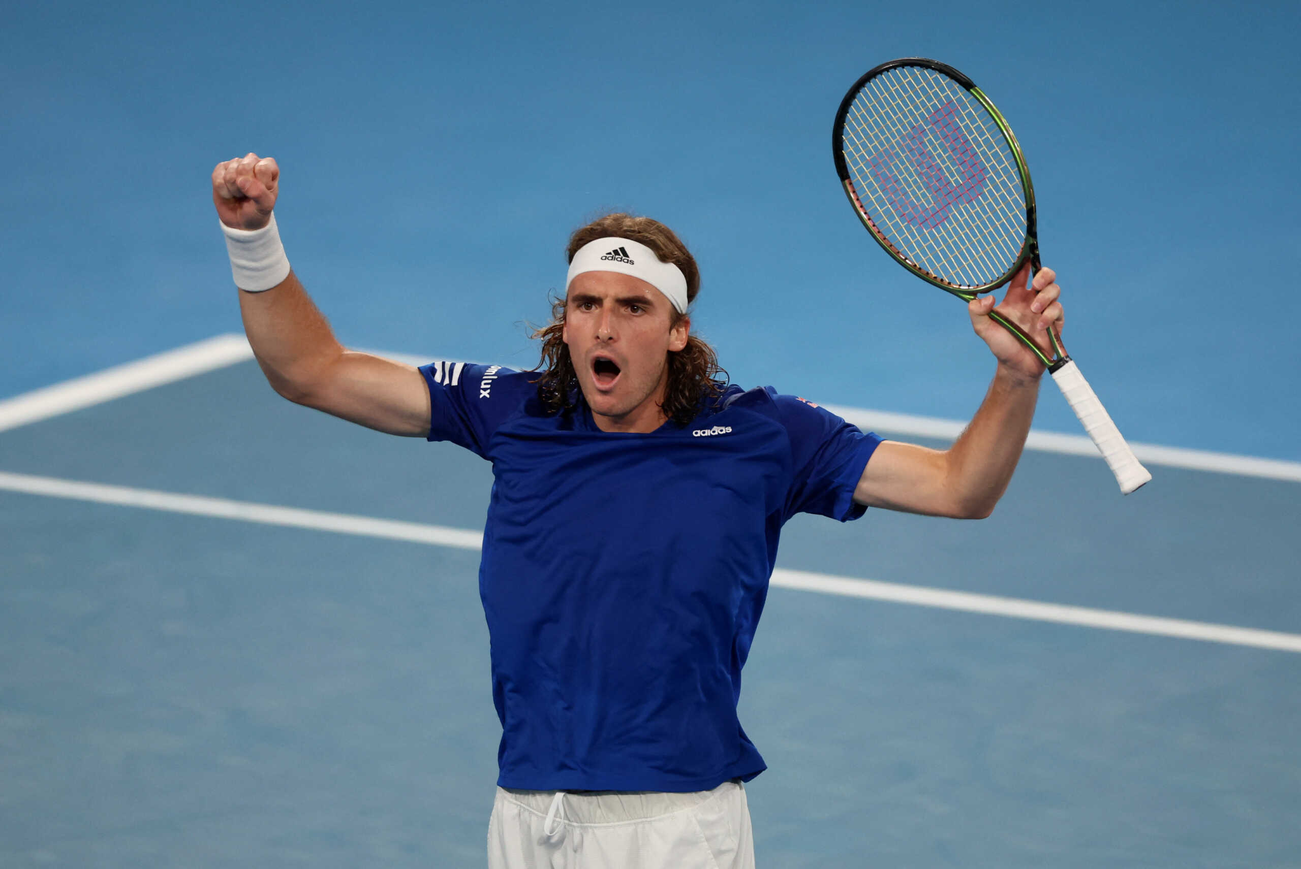 Tennis - United Cup - Ken Rosewall Arena, Sydney, Australia - January 7, 2023  Greece's Stefanos Tsitsipas reacts during his match in the semi final against Italy's Matteo Berrettini REUTERS