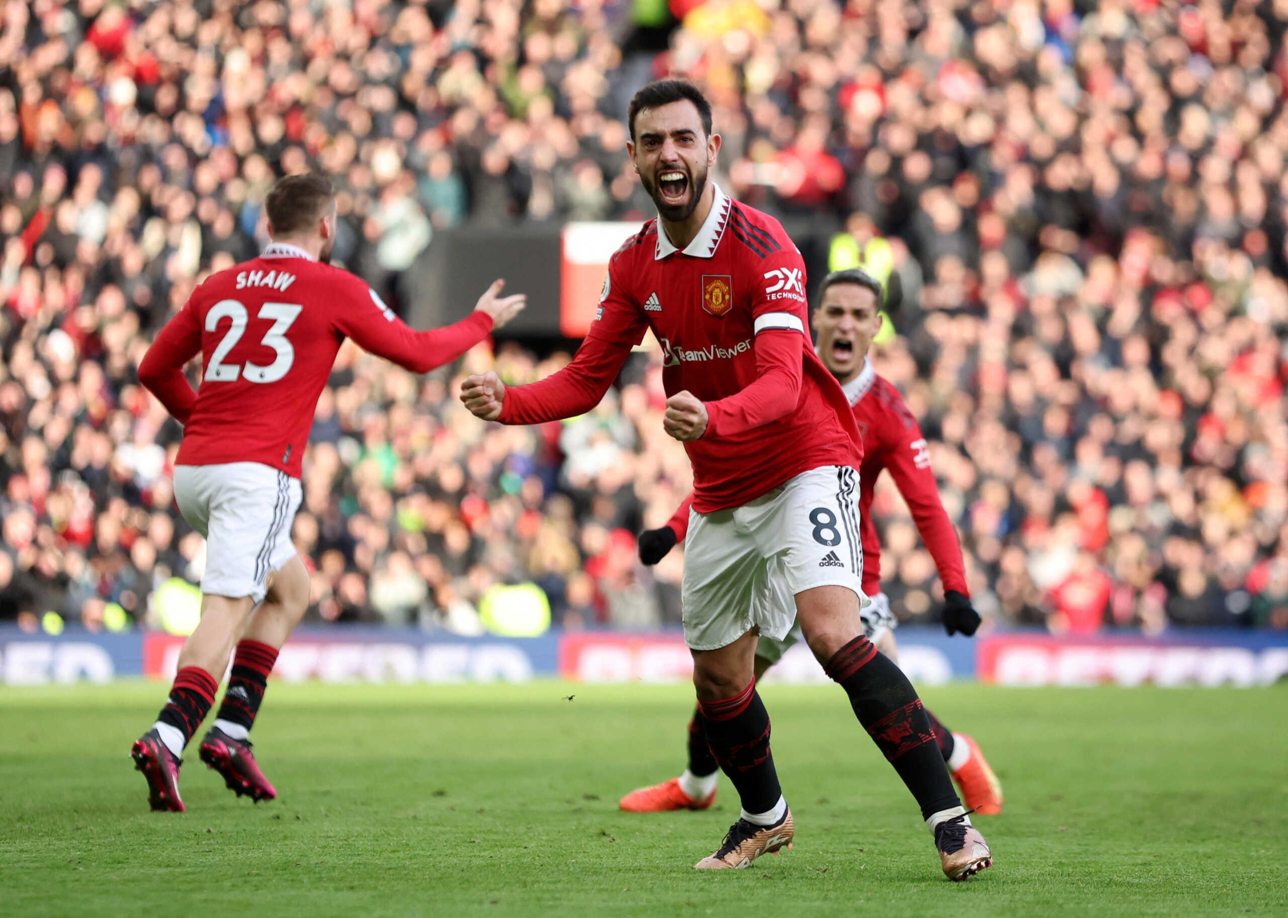 Soccer Football - Premier League - Manchester United v Manchester City - Old Trafford, Manchester, Britain - January 14, 2023 Manchester United's Bruno Fernandes celebrates scoring their first goal REUTERS