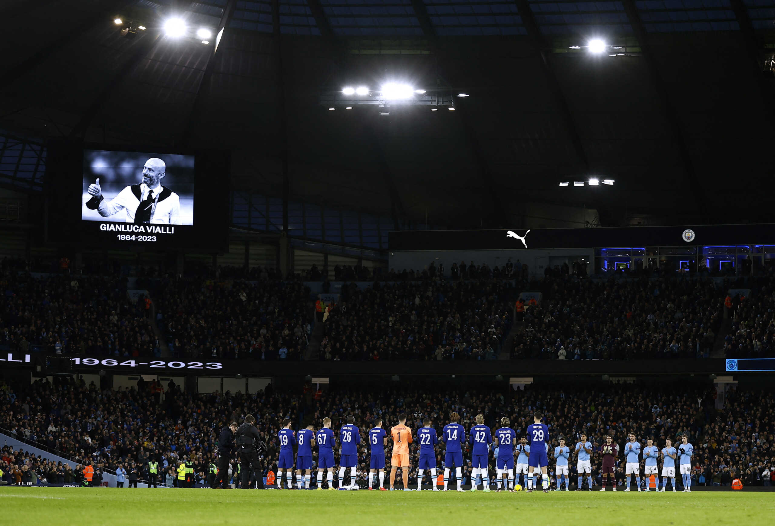 Soccer Football - FA Cup Third Round - Manchester City v Chelsea - Etihad Stadium, Manchester, Britain - January 8, 2023 General view during the minute's applause in memory of Gianluca Vialli before the match Action Images via Reuters