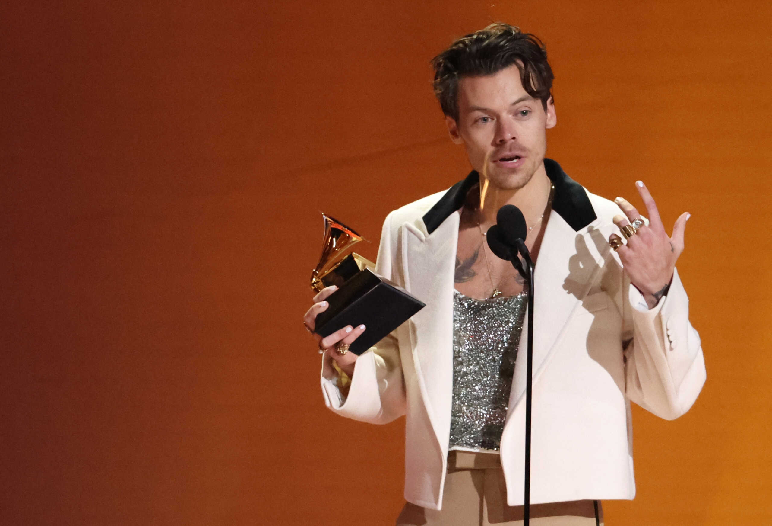 Harry Styles accepts the Best Pop Vocal Album award for "Harry's House" during the 65th Annual Grammy Awards in Los Angeles, California, U.S., February 5, 2023. REUTERS