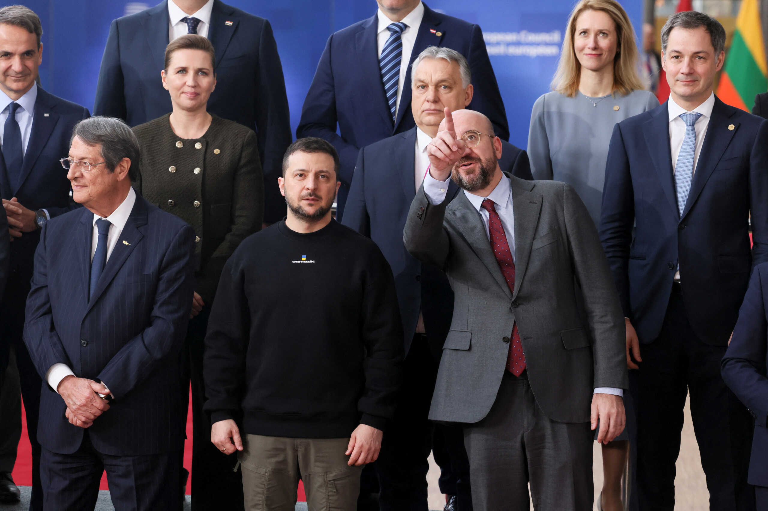 Cyprus' President Nicos Anastasiades, Ukrainian President Volodymyr Zelenskiy, European Council President Charles Michel, Greece's Prime Minister Kyriakos Mitsotakis, Denmark's Prime Minister Mette Frederiksen, Hungary's Prime Minister Viktor Orban, Estonia's Prime Minister Kaja Kallas and Belgium's Prime Minister Alexander De Croo pose for family photo as they attend the European leaders summit in Brussels, Belgium February 9, 2023. REUTERS