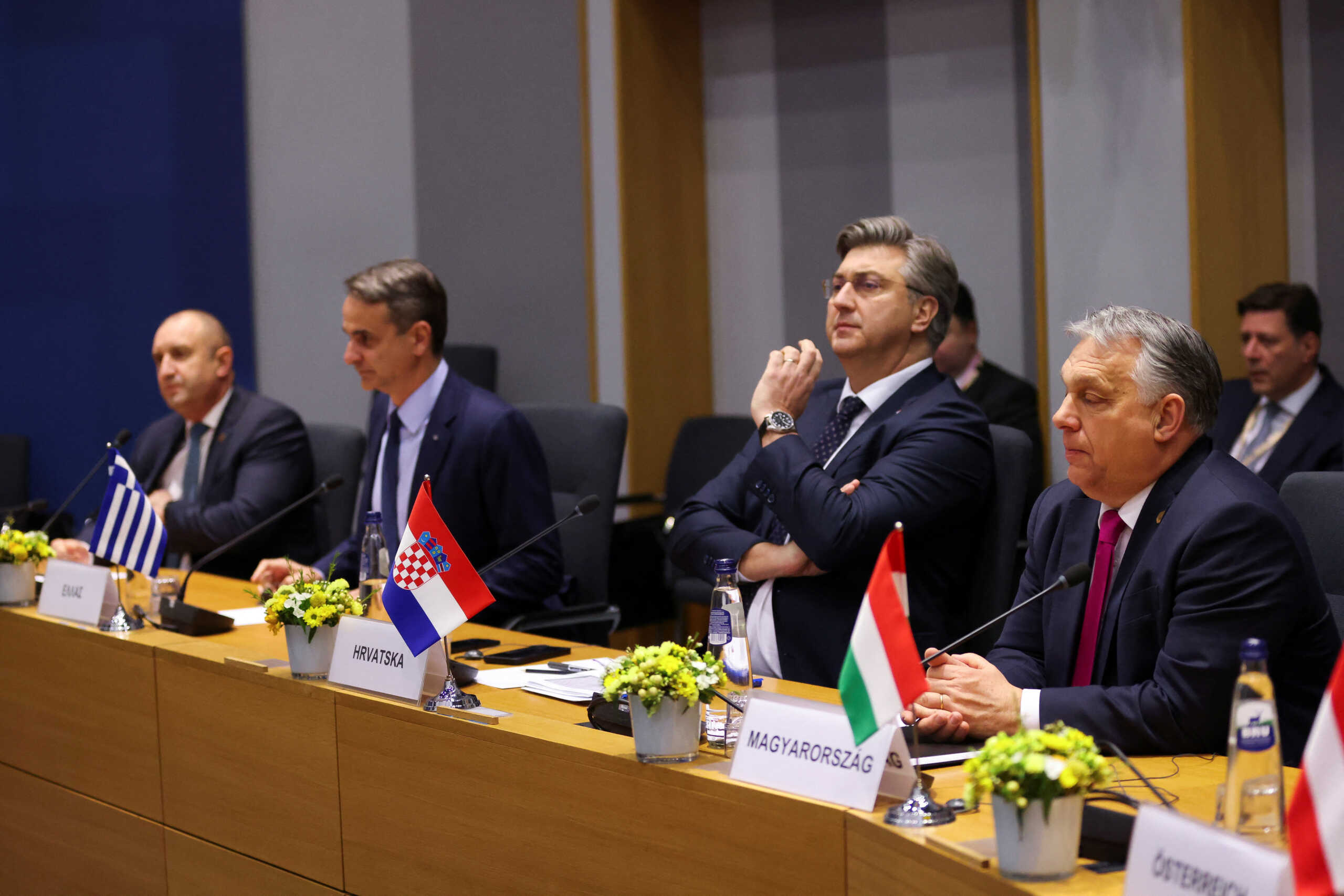 Hungary's Prime Minister Viktor Orban, Croatia's Prime Minister Andrej Plenkovic and Greece's Prime Minister Kyriakos Mitsotakis attend a bilateral meeting with Ukrainian President Volodymyr Zelenskiy during the European leaders summit in Brussels, Belgium February 9, 2023. REUTERS
