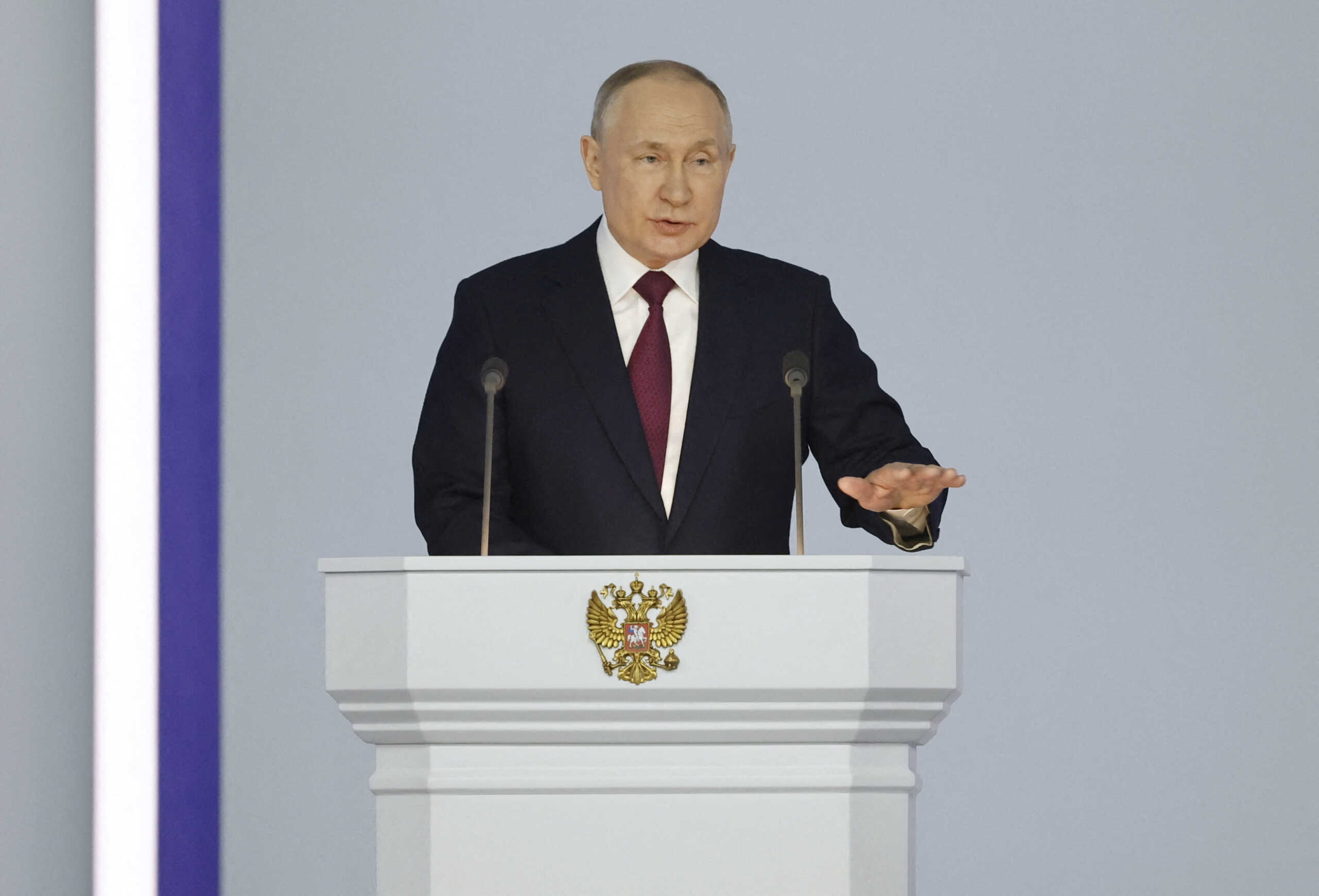 Russian President Vladimir Putin delivers his annual address to the Federal Assembly in Moscow, Russia February 21, 2023. Sputnik