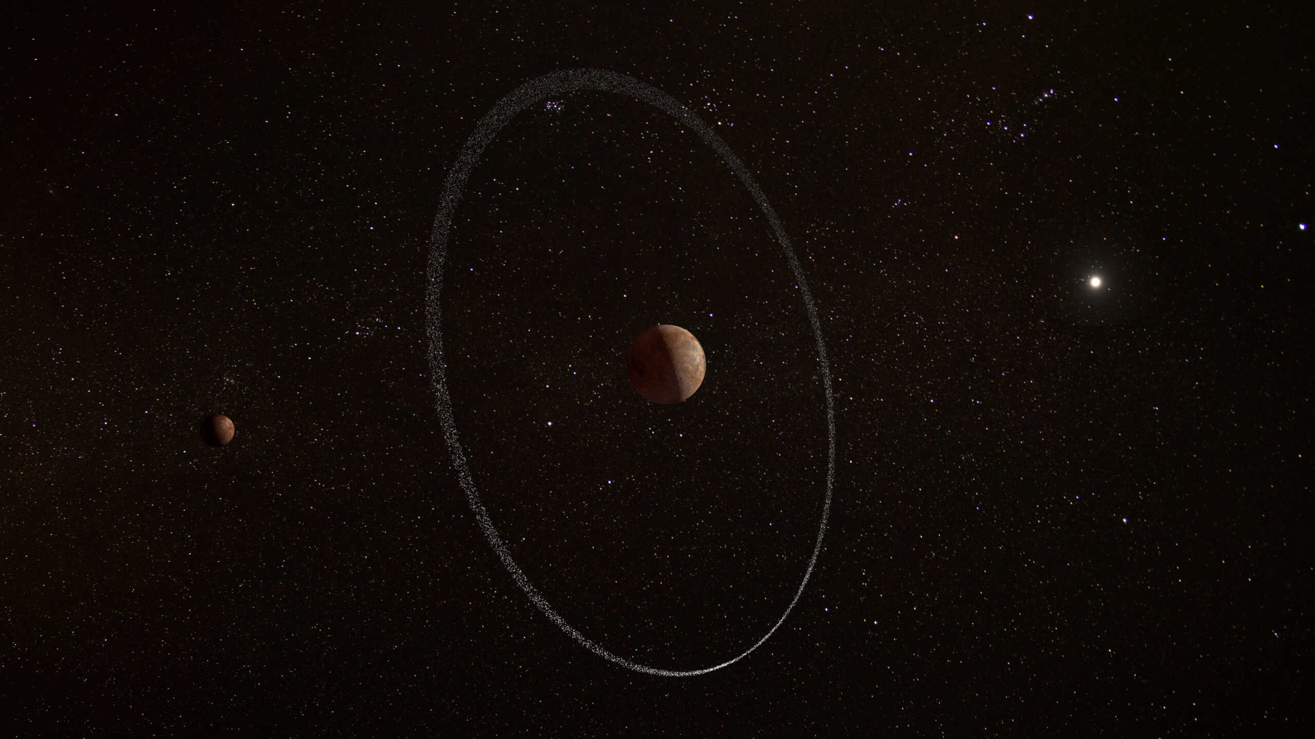 An illustration showing the frigid distant world Quaoar, orbiting in our solar system beyond Pluto, surrounded by its newly discovered ring, along with its moon Weywot. ESA, CC BY-SA 3.0 IGO